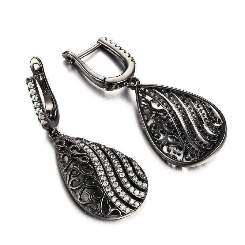 Ebony Swirl Black Gold Filigree and CZ Earrings