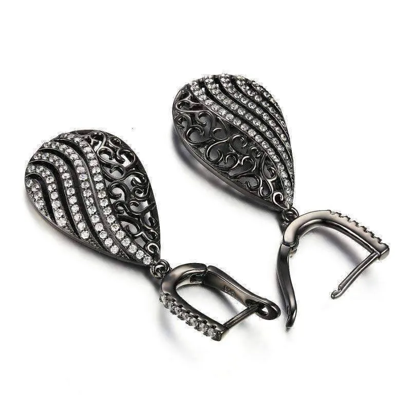 Ebony Swirl Black Gold Filigree and CZ Earrings