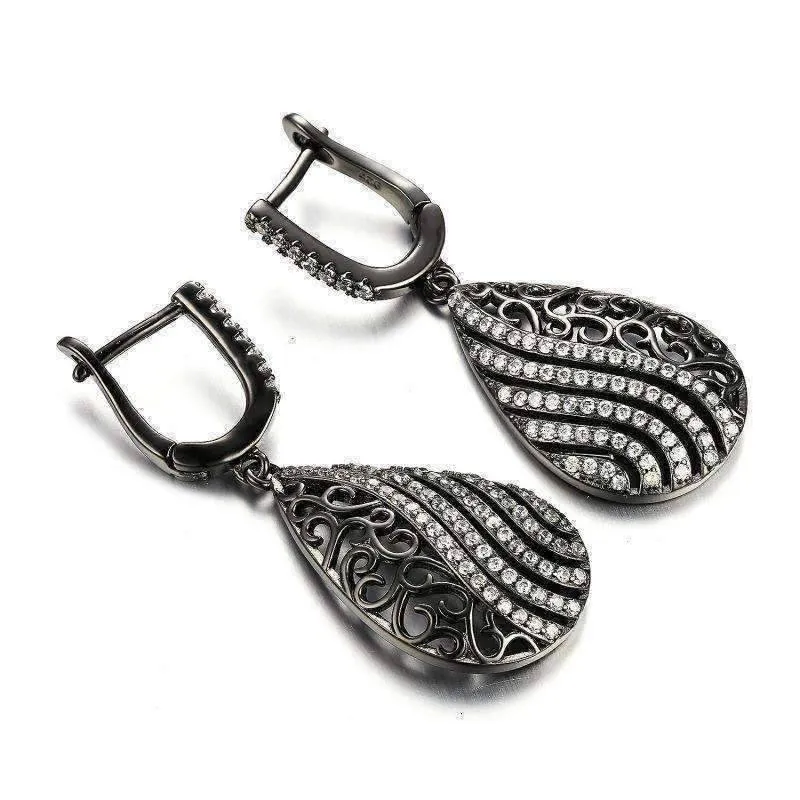 Ebony Swirl Black Gold Filigree and CZ Earrings