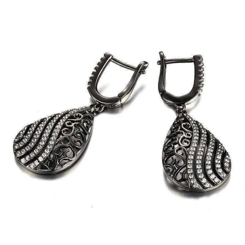 Ebony Swirl Black Gold Filigree and CZ Earrings