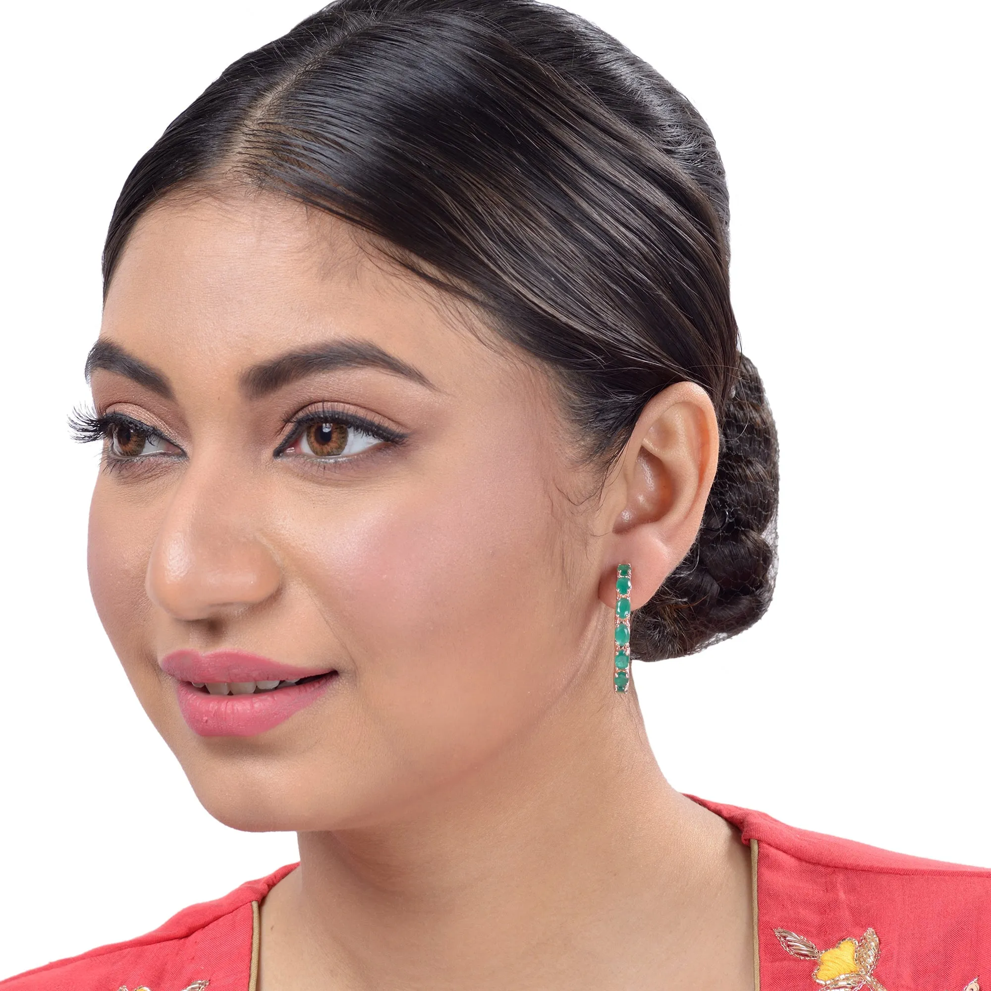 Emerald Studded Hoops Rose Gold Plated Green Round Big Earrings for Women and Girls - Saraf RS Jewellery