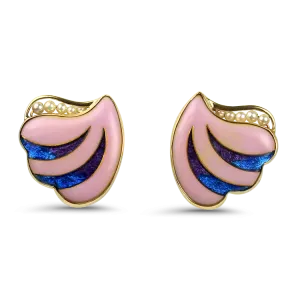 Estate 14K Yellow Gold Pearl Enamel Shell Stud Earrings