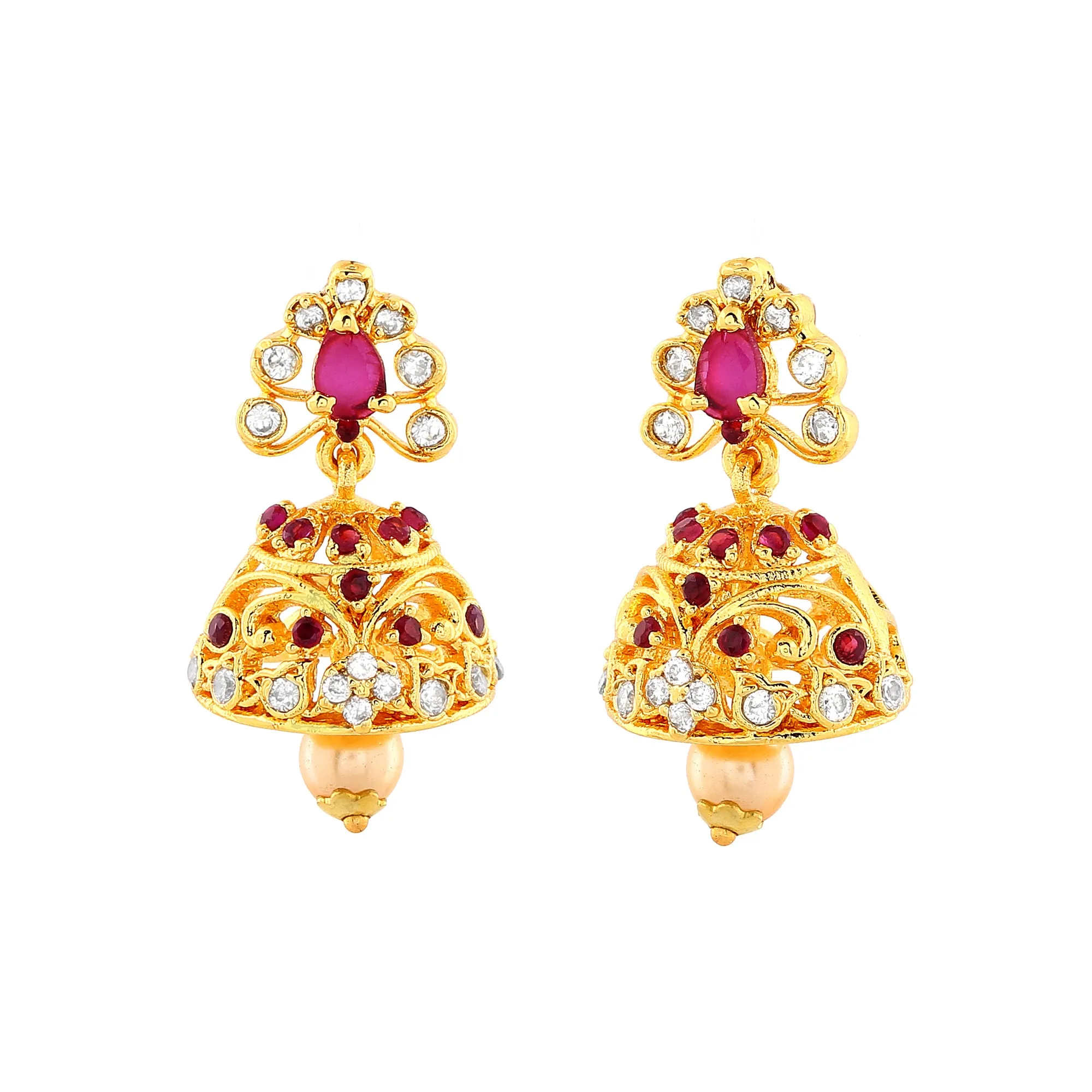 Estele Gold Plated CZ Sparkling Jhumki Earrings with Pearls & Pink Crystals for Women