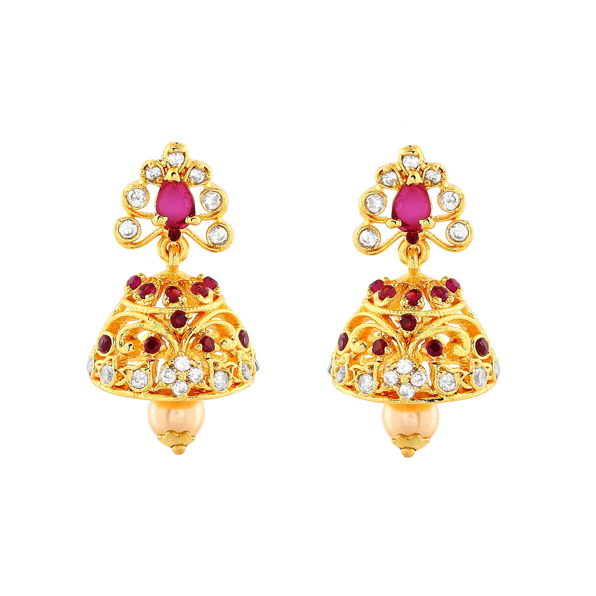 Estele Gold Plated CZ Sparkling Jhumki Earrings with Pearls & Pink Crystals for Women