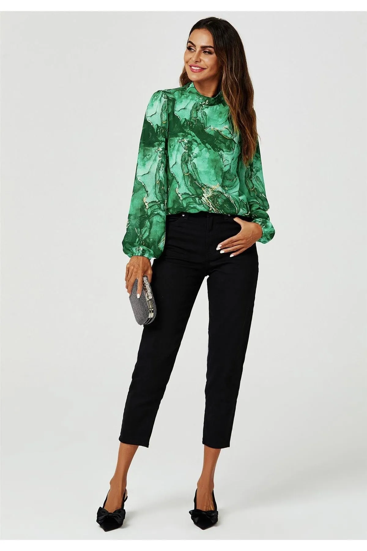 FS Collection Marble Print Long Sleeve High Neck Top In Light Green