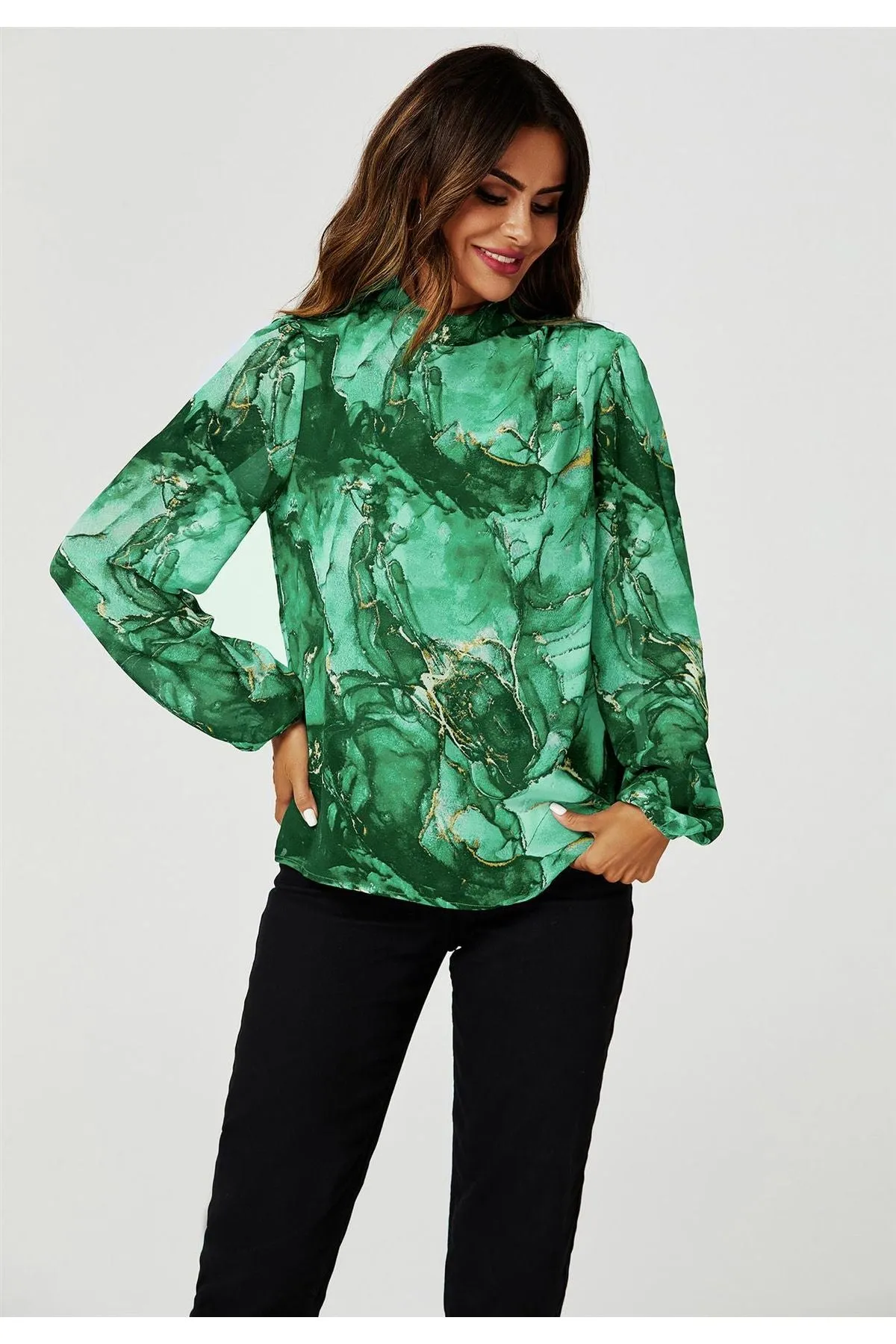 FS Collection Marble Print Long Sleeve High Neck Top In Light Green