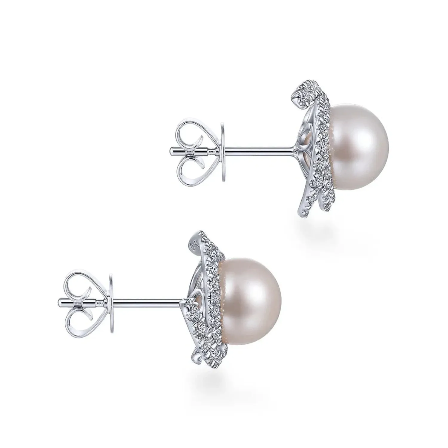 Gabriel & Co. Round Cultured Pearl Swirling Diamond Halo Stud Earrings