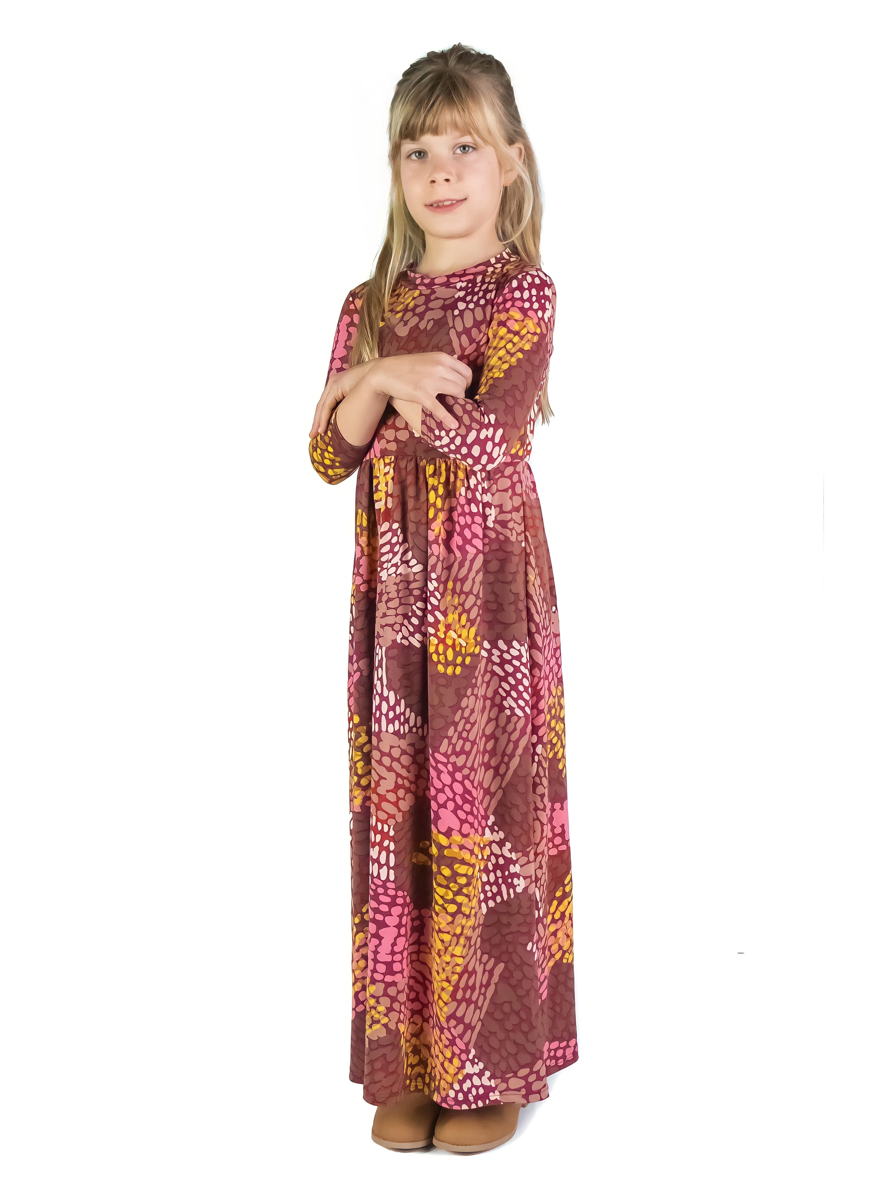 Girls Fall Print Three Quarter Sleeve Pleated Maxi Dress