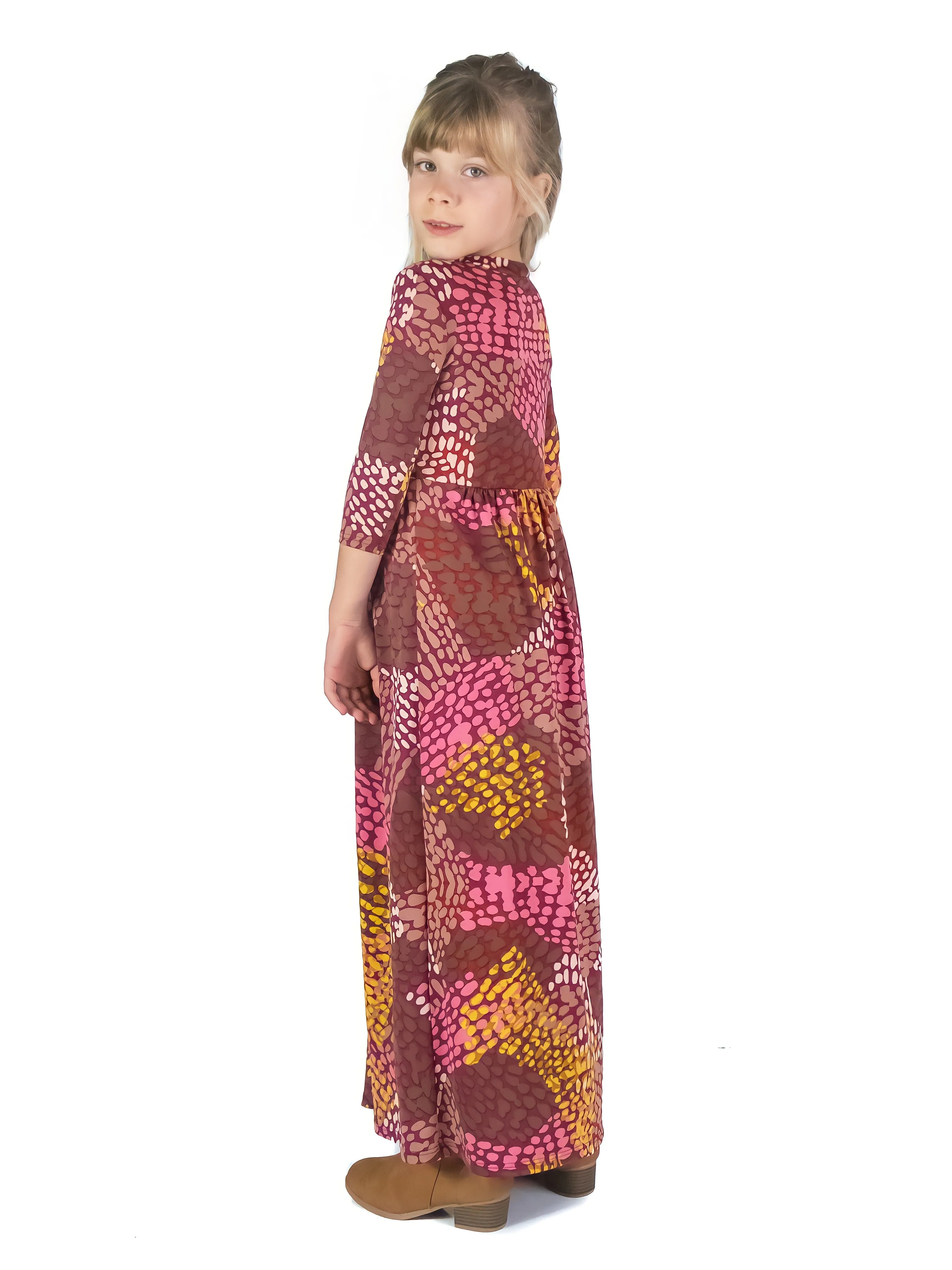 Girls Fall Print Three Quarter Sleeve Pleated Maxi Dress