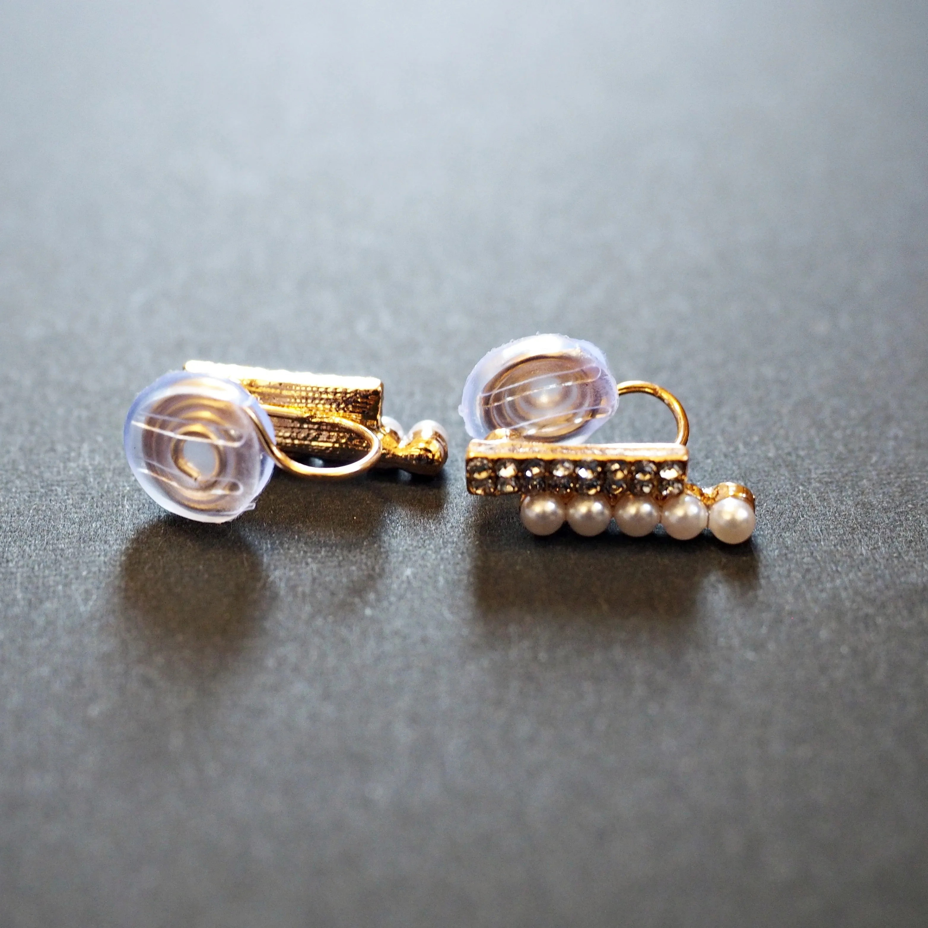 Gold Crystal Rhinestone and White Pearl Bar  Spiral Clip On Earrings