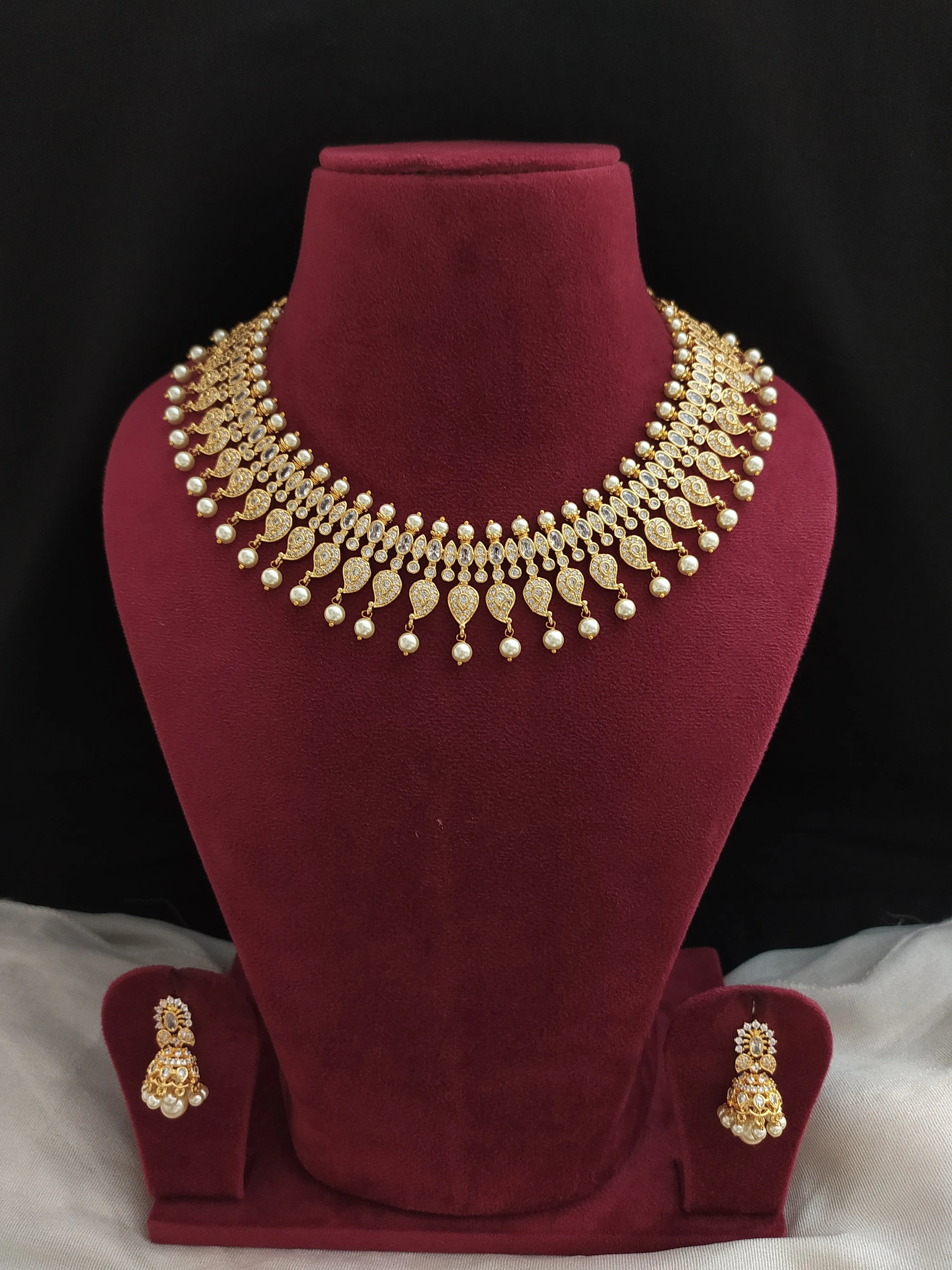 Gold-Plated Mango Design Necklace Set Having Pearl Drops