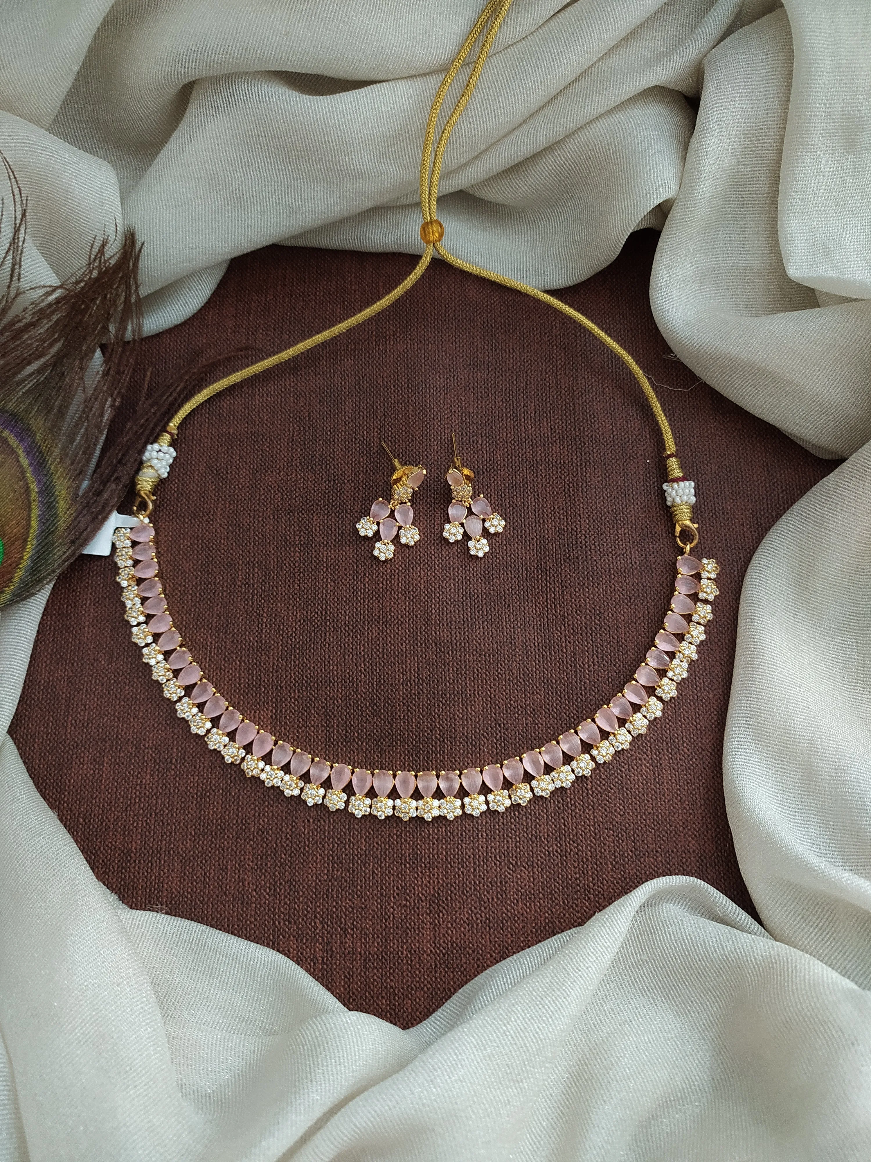 Gold-Plated Zircon Necklace Set with Cute Earrings - Available in 10 Charming Colors