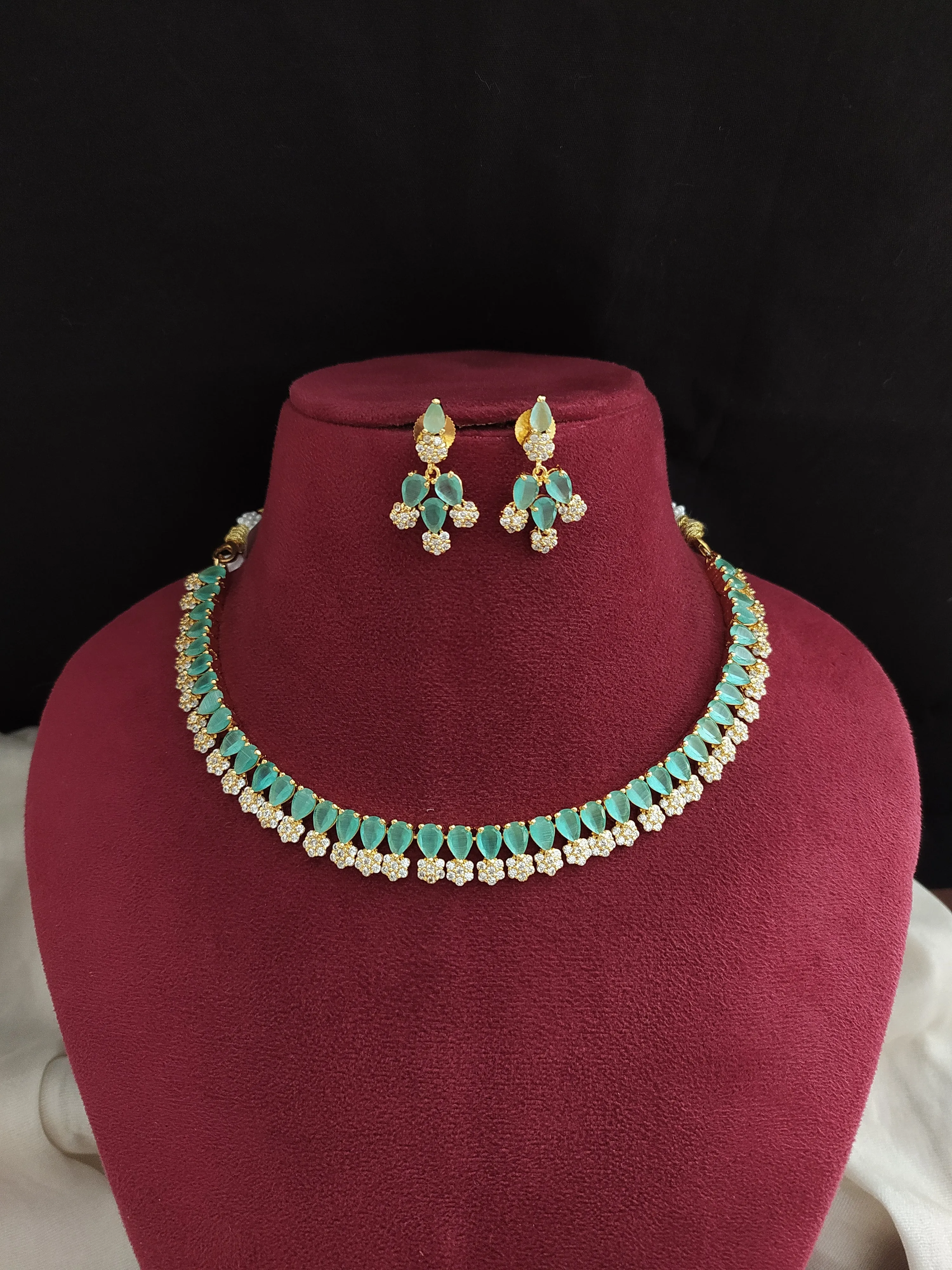 Gold-Plated Zircon Necklace Set with Cute Earrings - Available in 10 Charming Colors