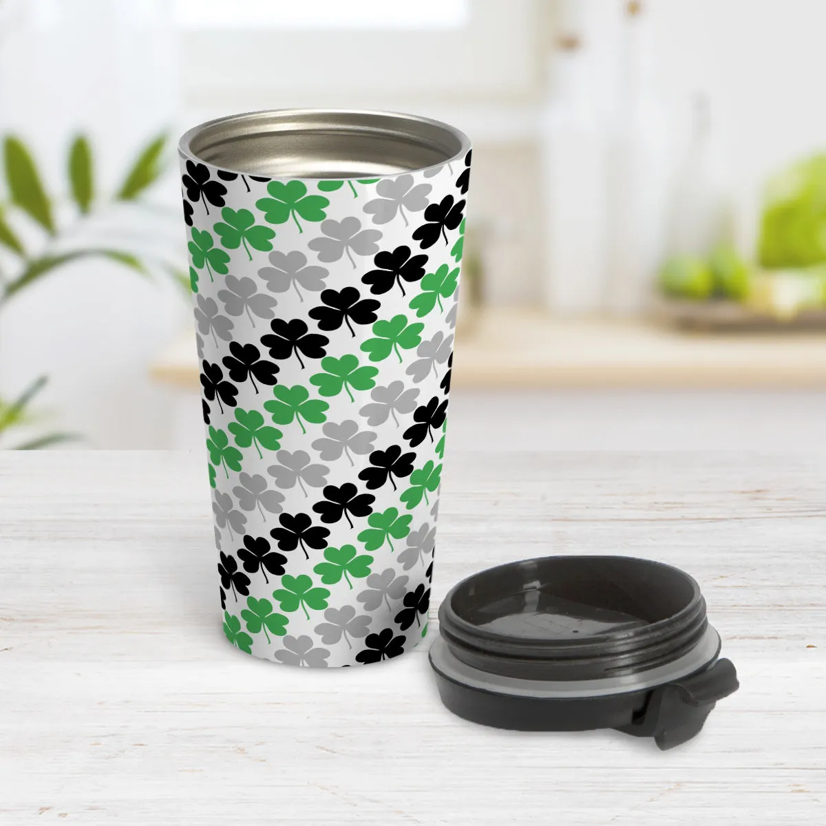 Green Black and Gray Clovers Travel Mug