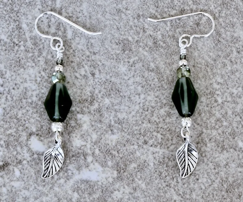 Green Czech Glass Faceted Cylinder Bead Earrings with Aqua Crystal Coin Beads, Sterling Silver Leaf Charms, Silver Rounds, Olive Seed Beads, and Sterling Silver Earring Wires