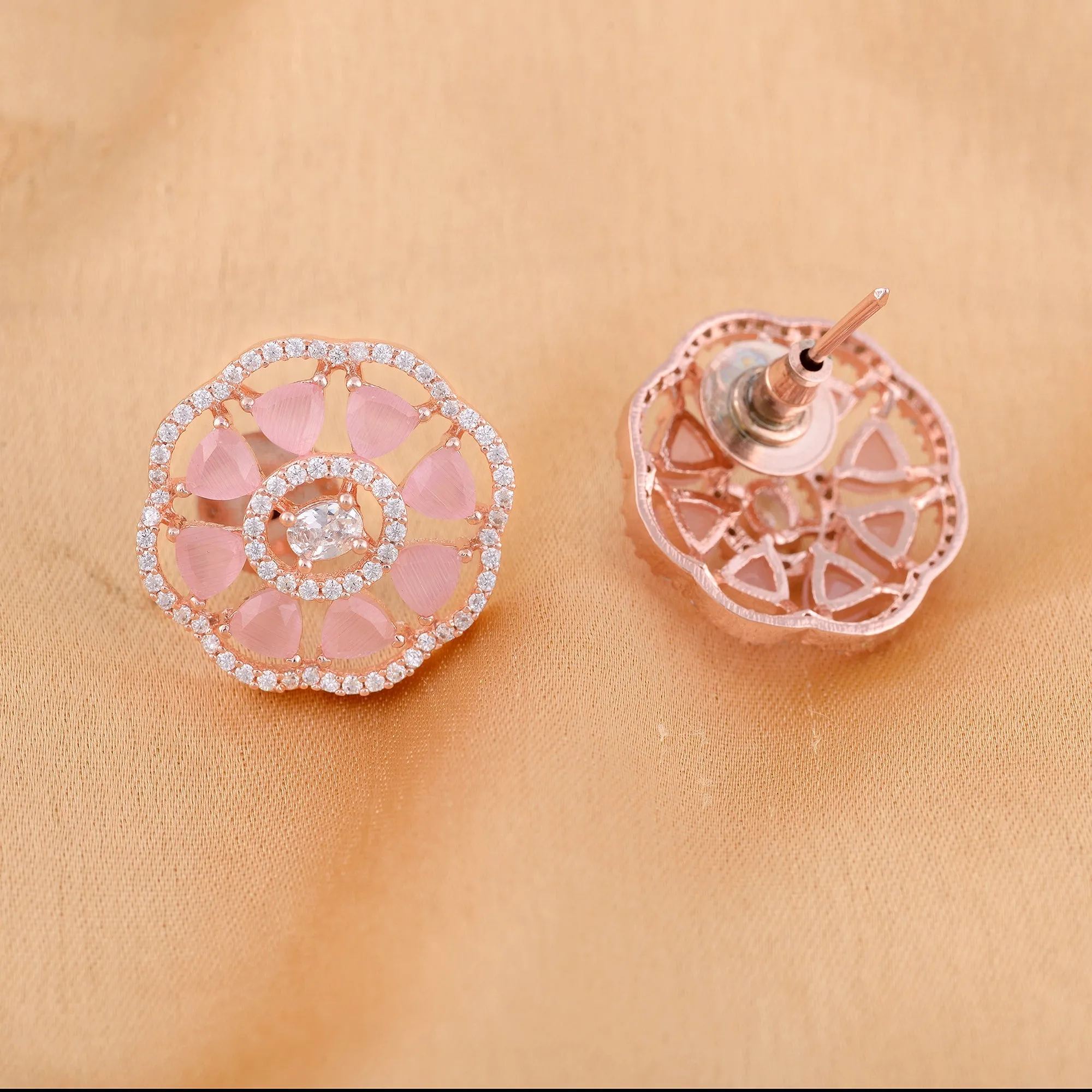 Handcrafted Floral Design Pastel Pink Studs Rose Quartz Small Earrings Rose Gold Plated for Women and Girls - Saraf RS Jewellery