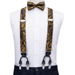 Hi-Tie Black Golden Paisley Suspender Bowtie Pocket Square Cufflinks Set