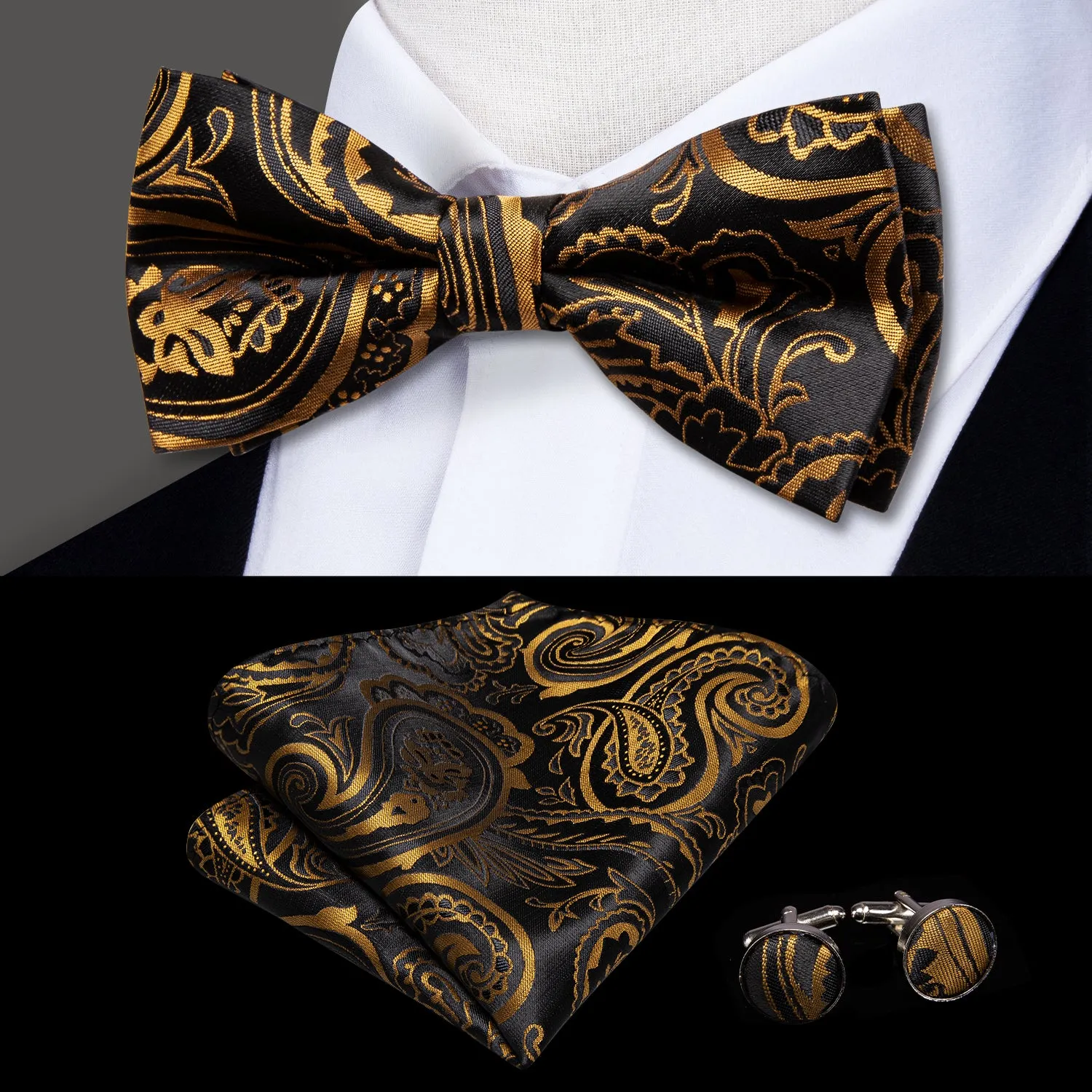 Hi-Tie Black Golden Paisley Suspender Bowtie Pocket Square Cufflinks Set