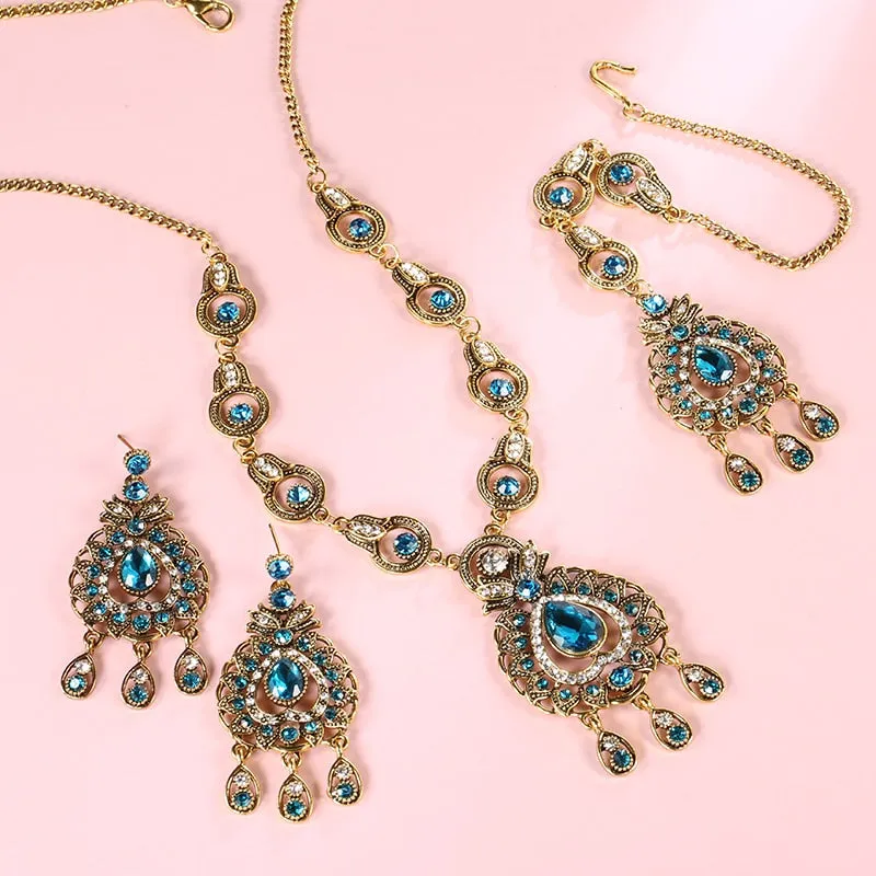 India Jewelry Mosaic  Blue Crystal Jewelry Set for a Friend with Zircon in Gold Color