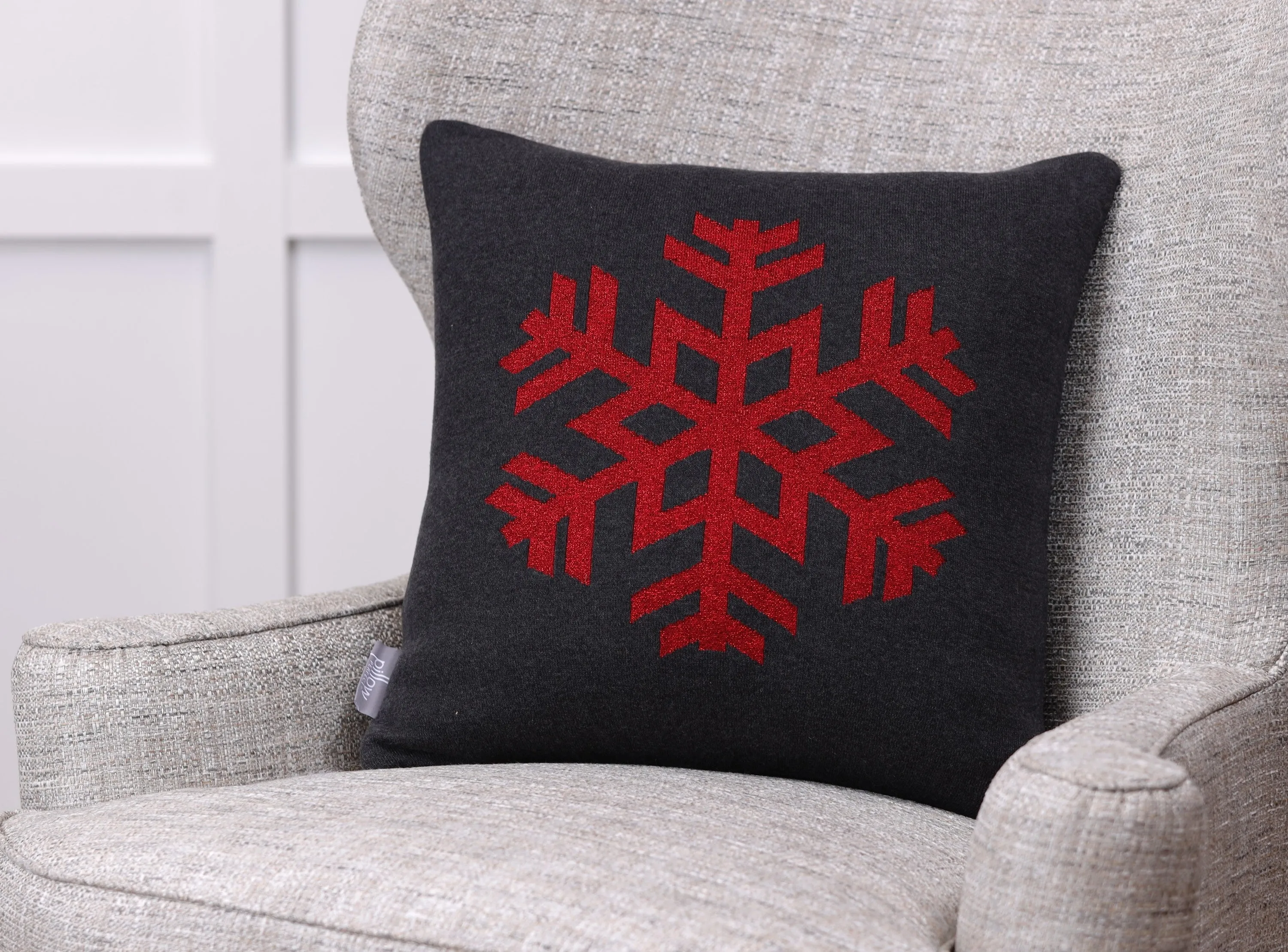 Indoor Christmas Glitzy Snowflake Charcoal/Red 18-inch Throw Pillow