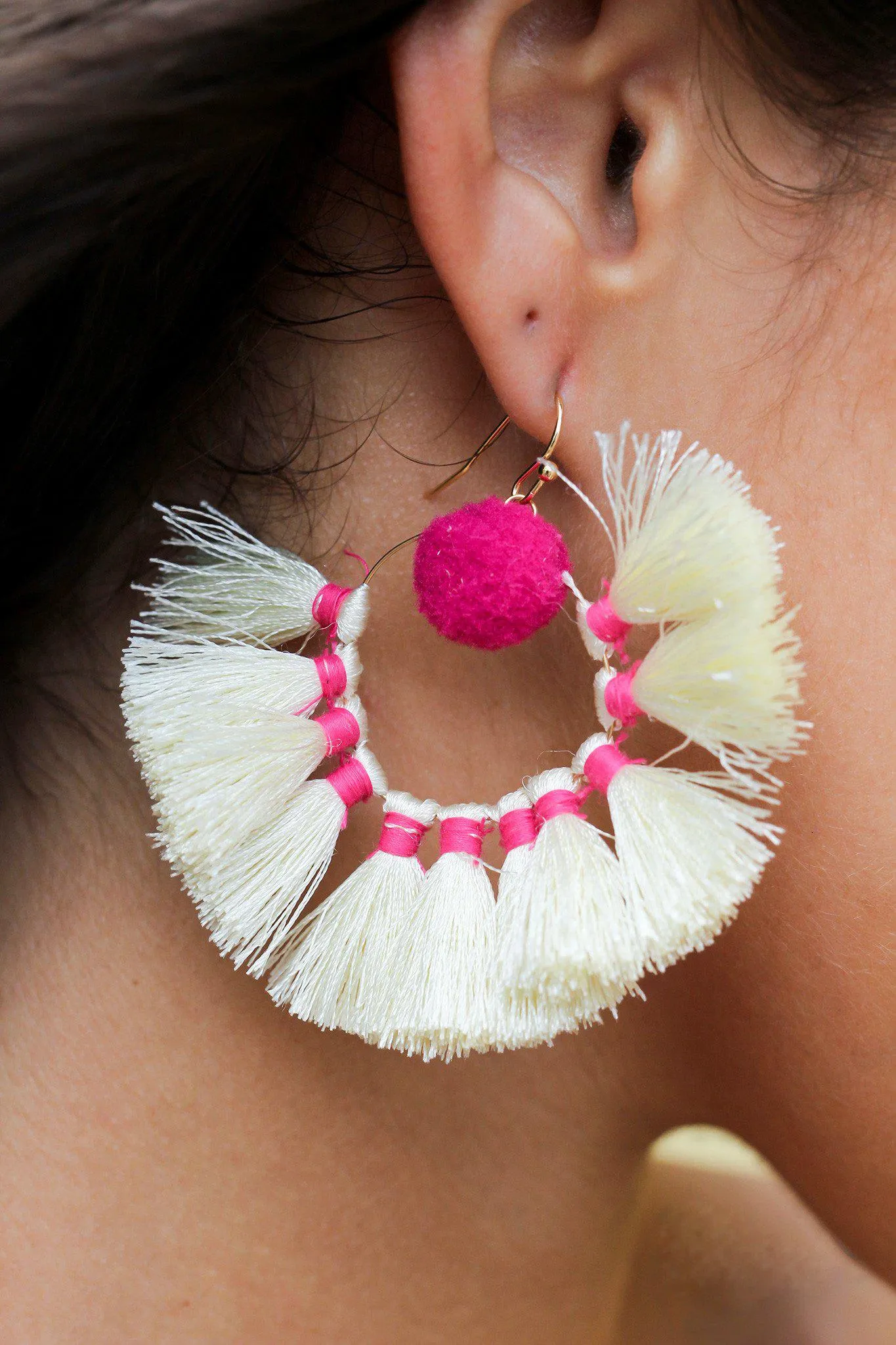 Ivory and Fuchsia Tassel Earrings