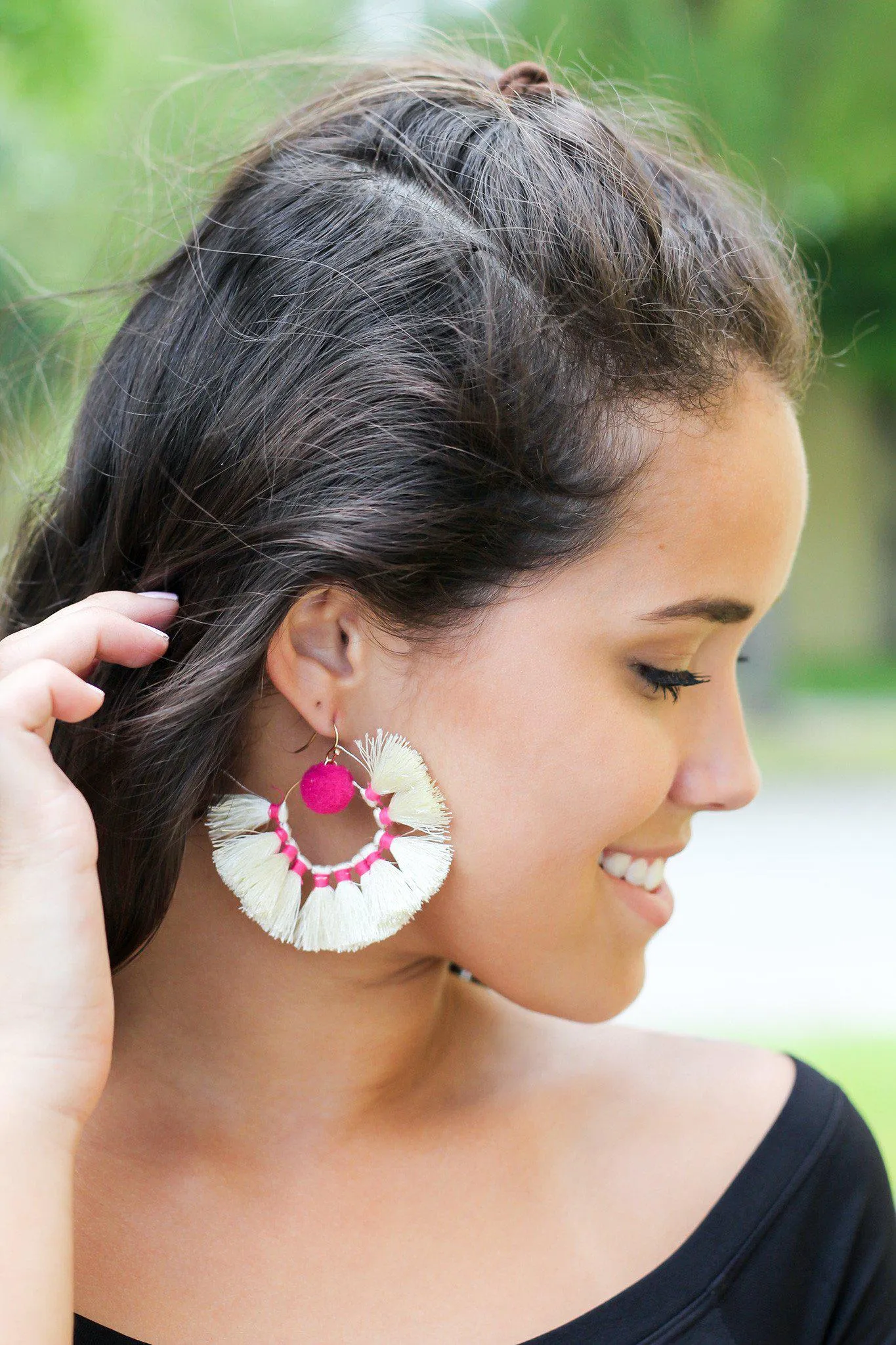 Ivory and Fuchsia Tassel Earrings