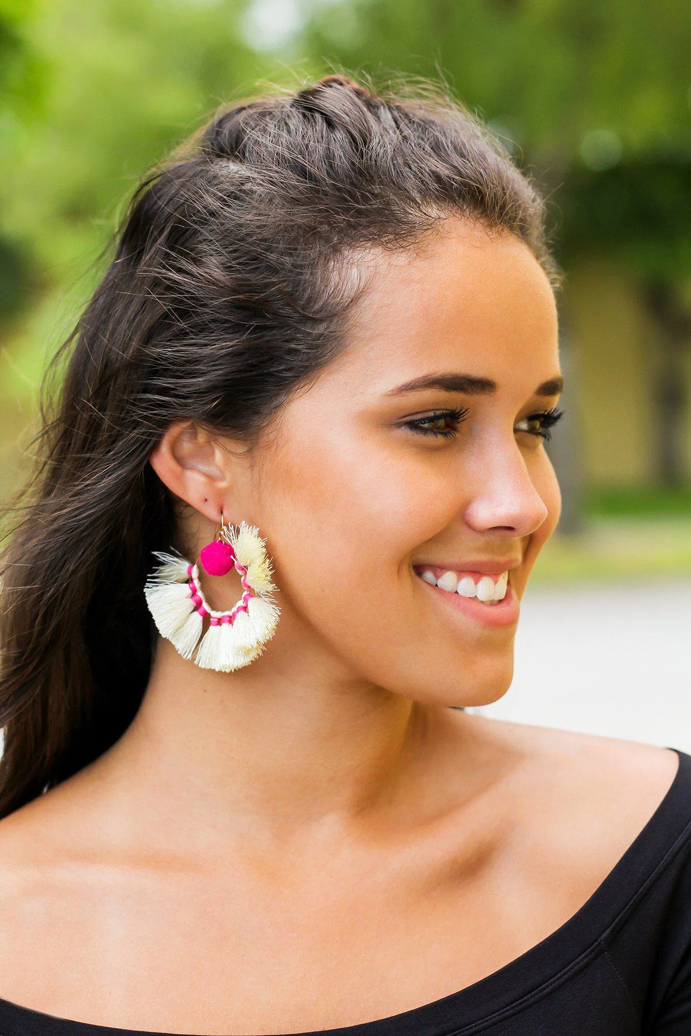 Ivory and Fuchsia Tassel Earrings