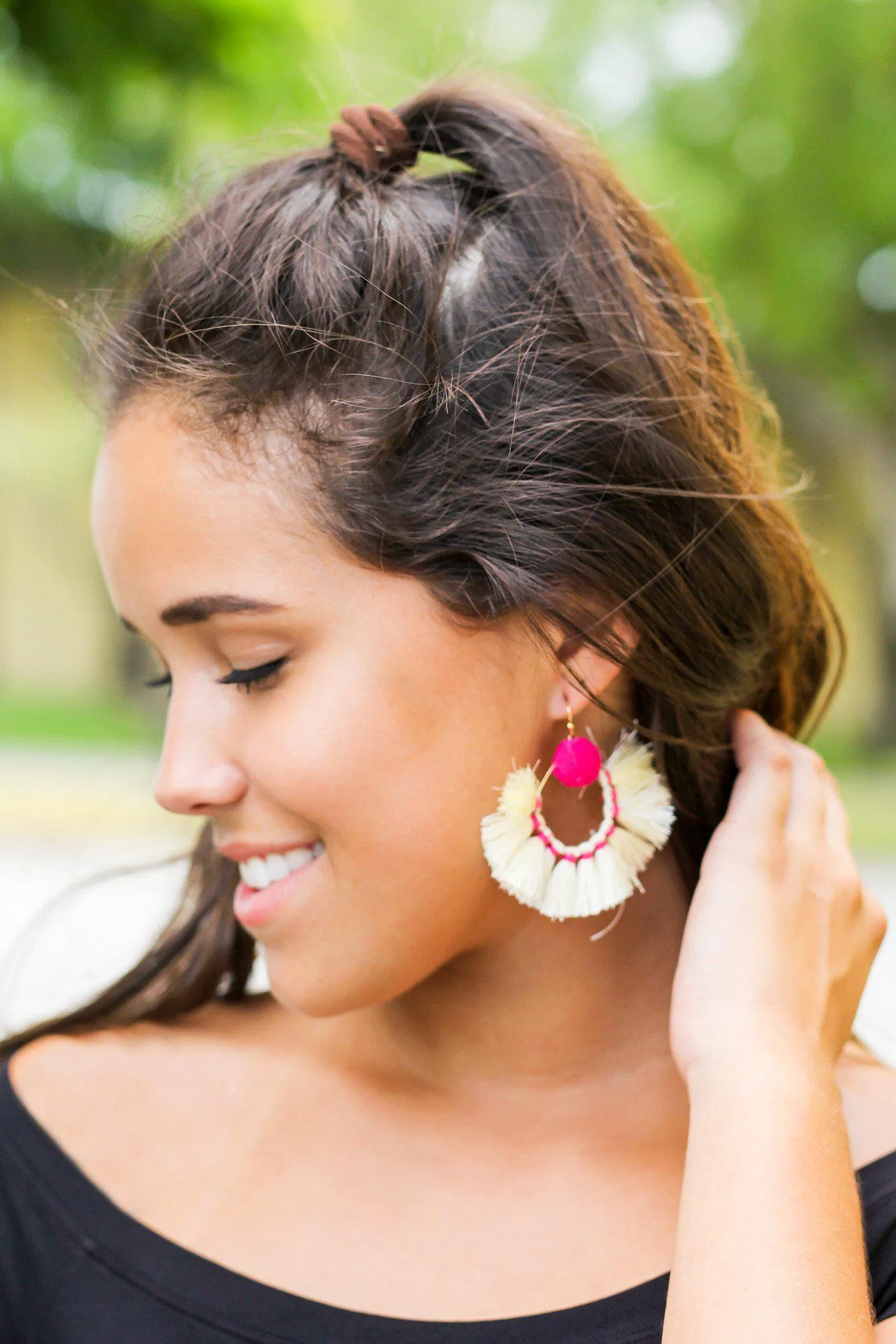 Ivory and Fuchsia Tassel Earrings