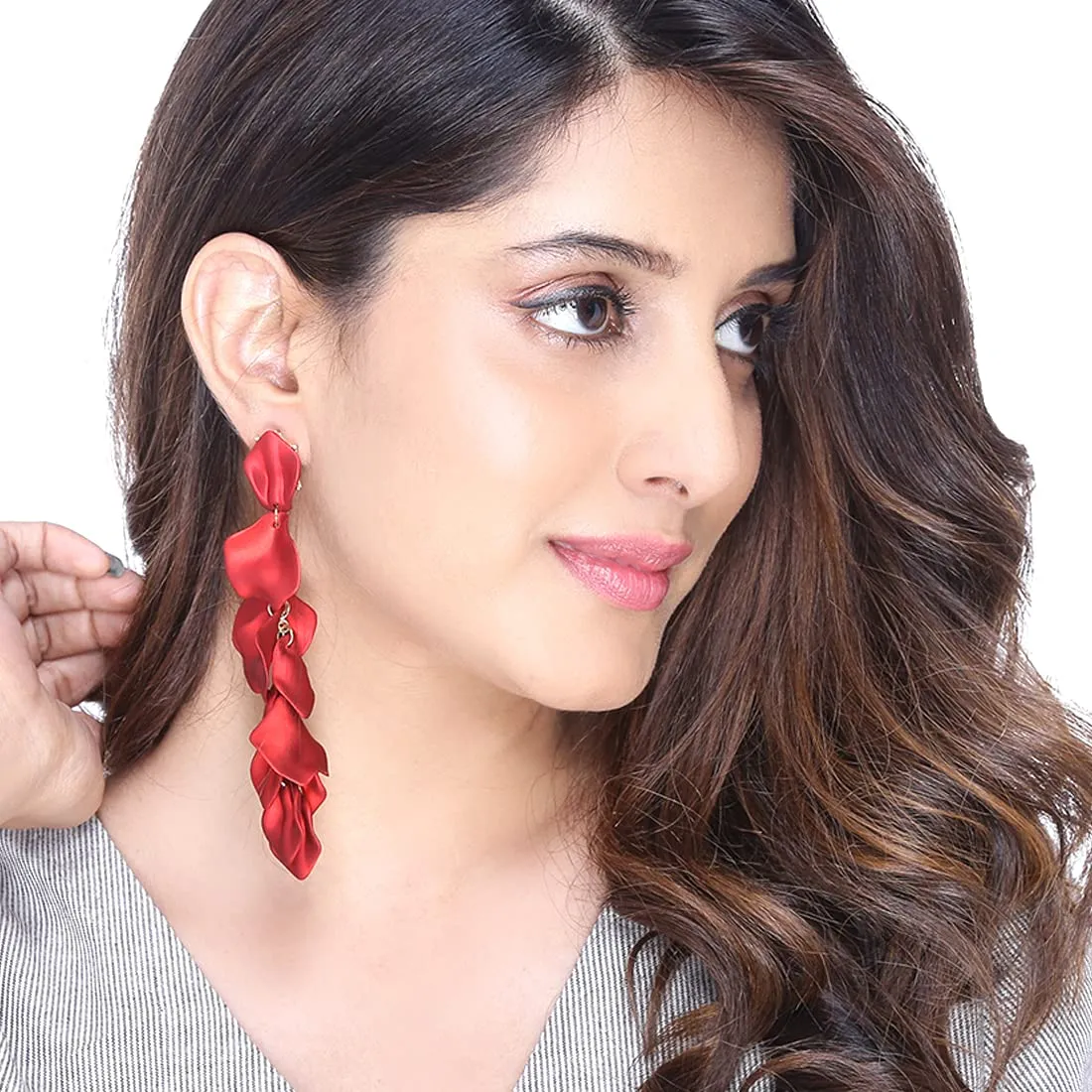 Kairangi Earrings for Women and Girls | Fashion Red long Dangler Earring | Gold Plated | Floral Petal Shape Western Danglers Earrings Combo| Birthday Gift for girls and women Anniversary Gift for Wife