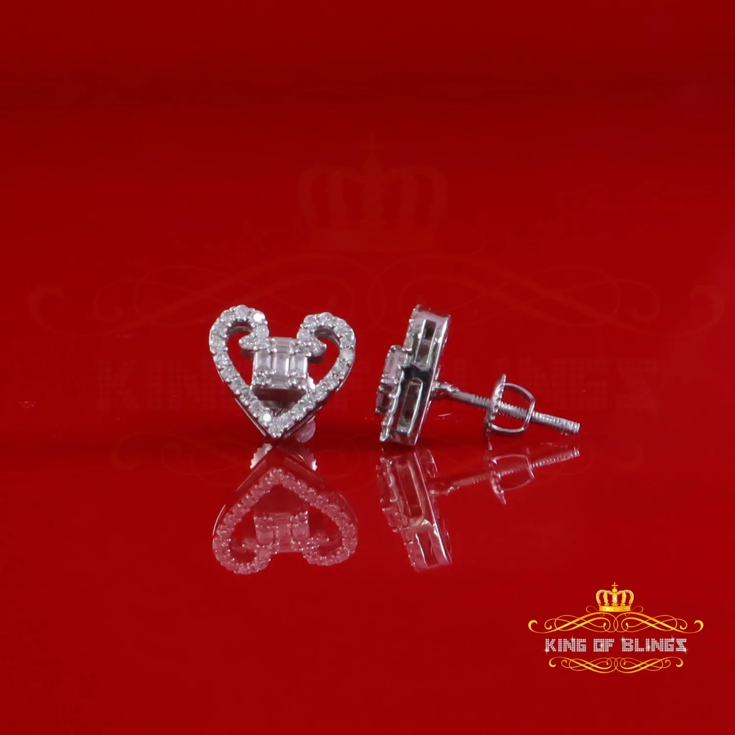 King of Bling's 0.50ct Baguette VVS D Moissanite Men/Womens 925 Silver White Heart Stud Earring