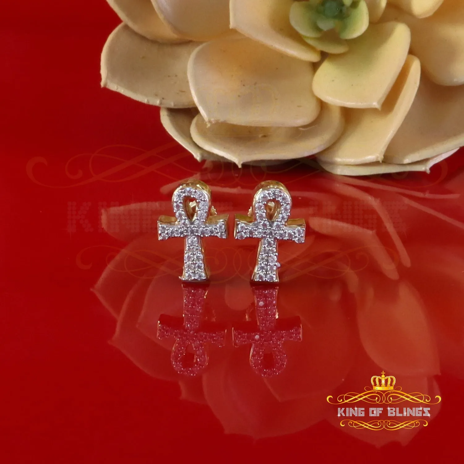 King  of Bling's 0.50ct VVS 'D' Moissanite Men's/Womens 925 Silver Yellow Ankh Stud Earrings