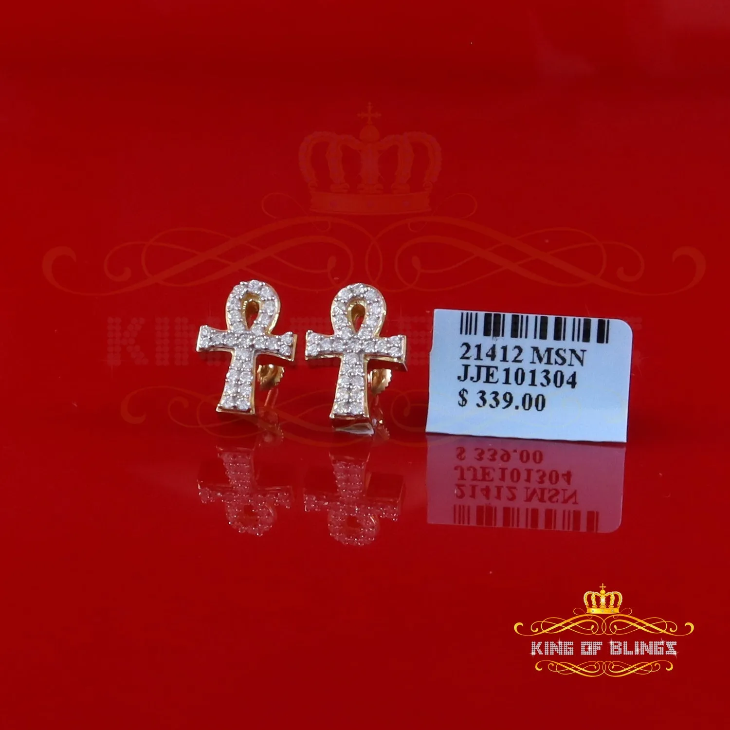 King  of Bling's 0.50ct VVS 'D' Moissanite Men's/Womens 925 Silver Yellow Ankh Stud Earrings