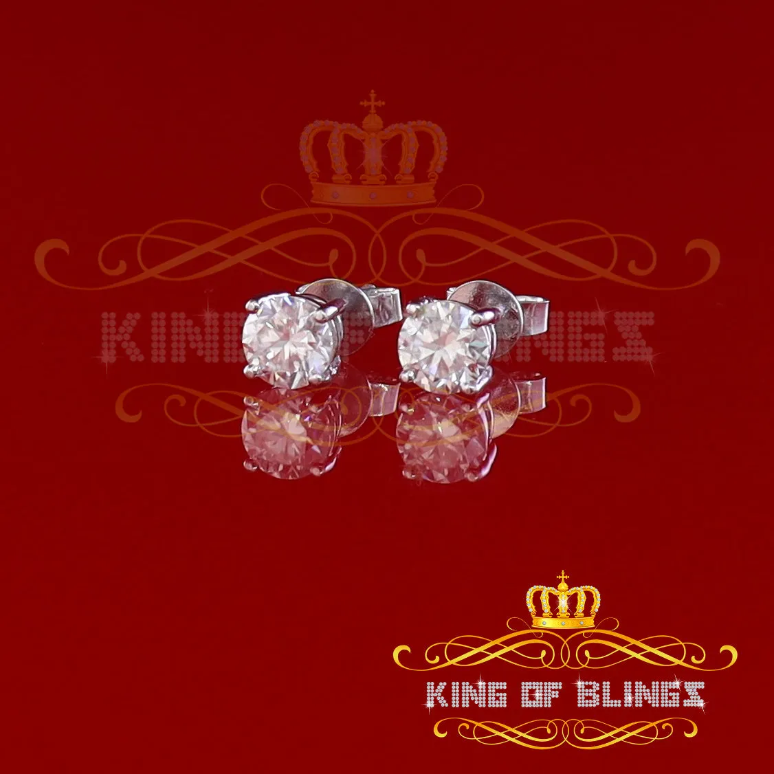 King of Bling's 1.25ct VVS 'D' Moissanite Men's/Womens 925 Silver White Round Stud Earrings