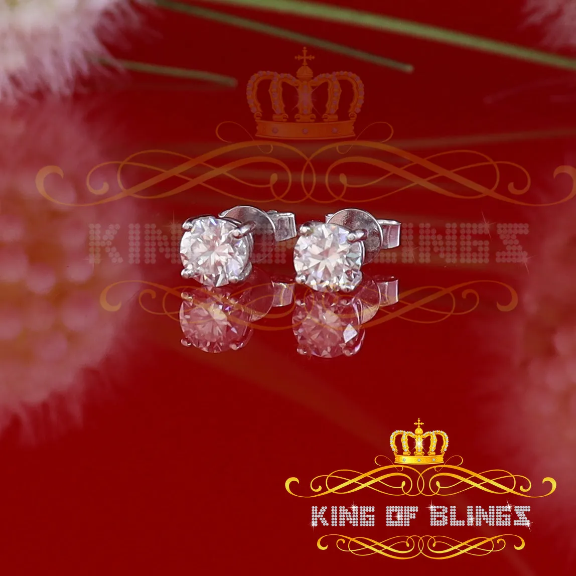 King of Bling's 1.25ct VVS 'D' Moissanite Men's/Womens 925 Silver White Round Stud Earrings