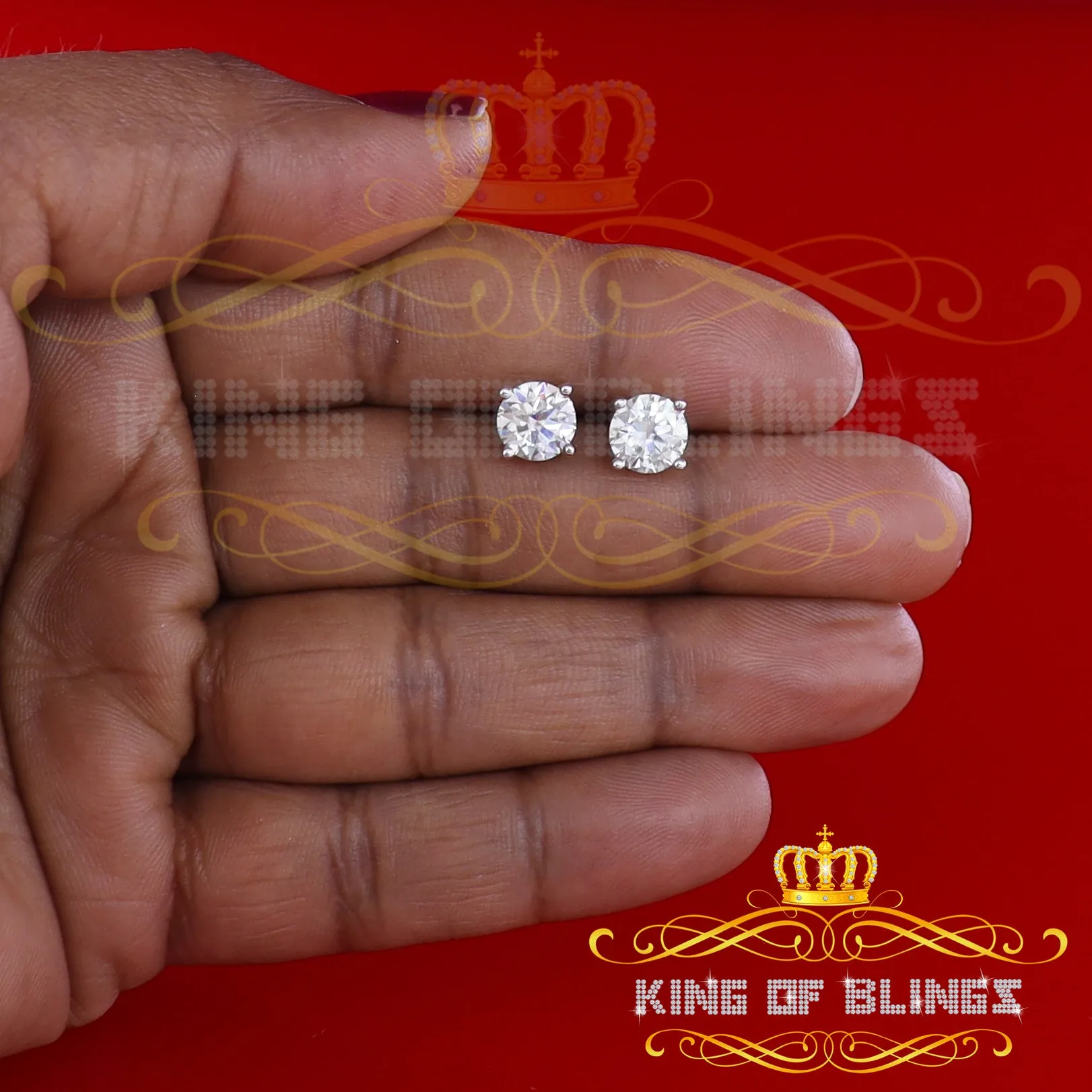 King of Bling's 2.00ct VVS 'D' Moissanite Men's/Womens 925 Silver White Round Stud Earrings