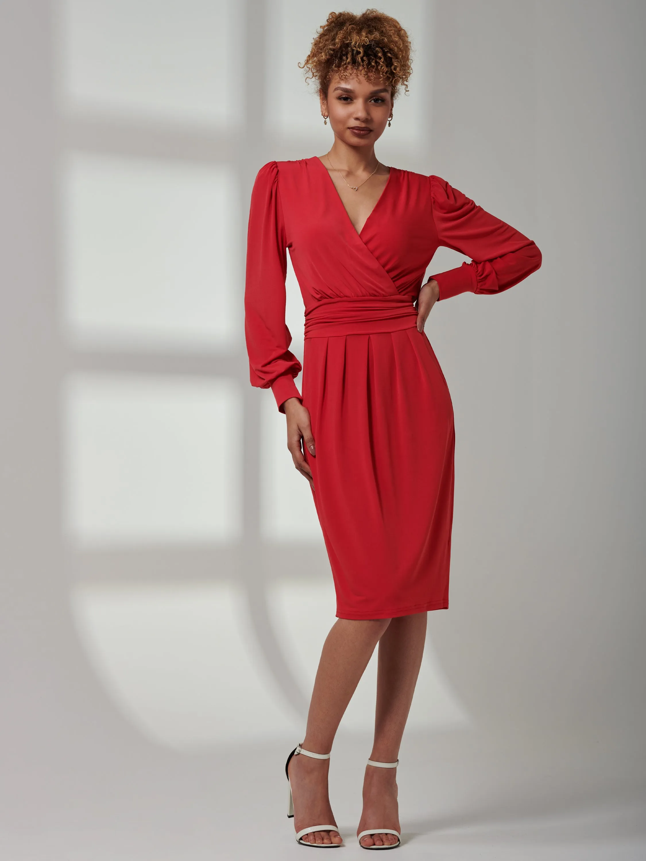 Kinslee Long Sleeve Pegged Dress, Scarlet Red