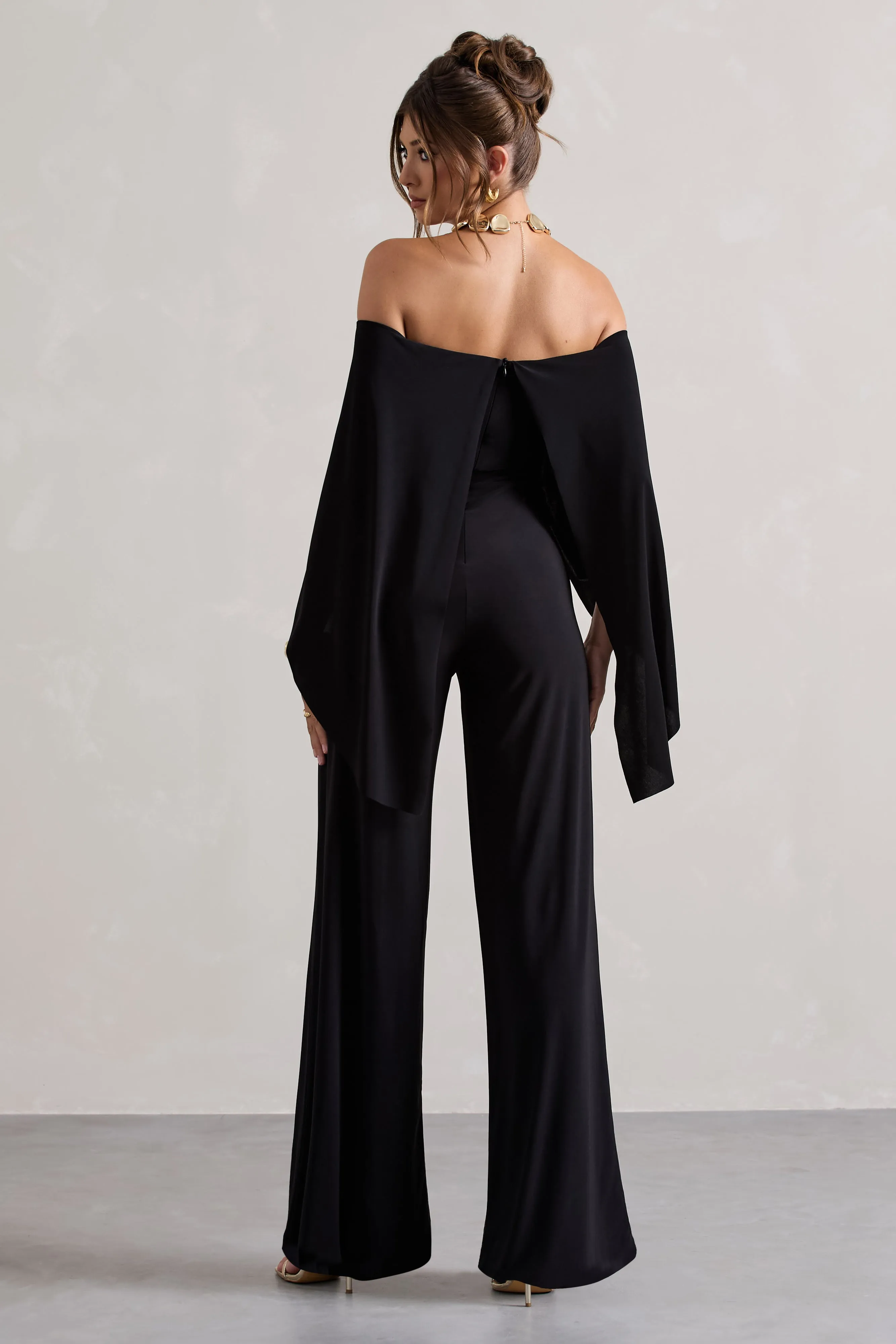 Kori | Black Bardot Straight-Leg Jumpsuit With Cape