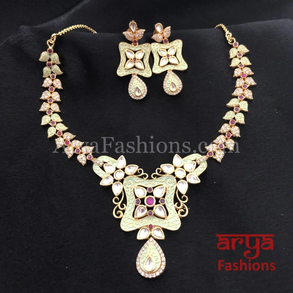 Kundan CZ Necklace with Mint Green Meenakari