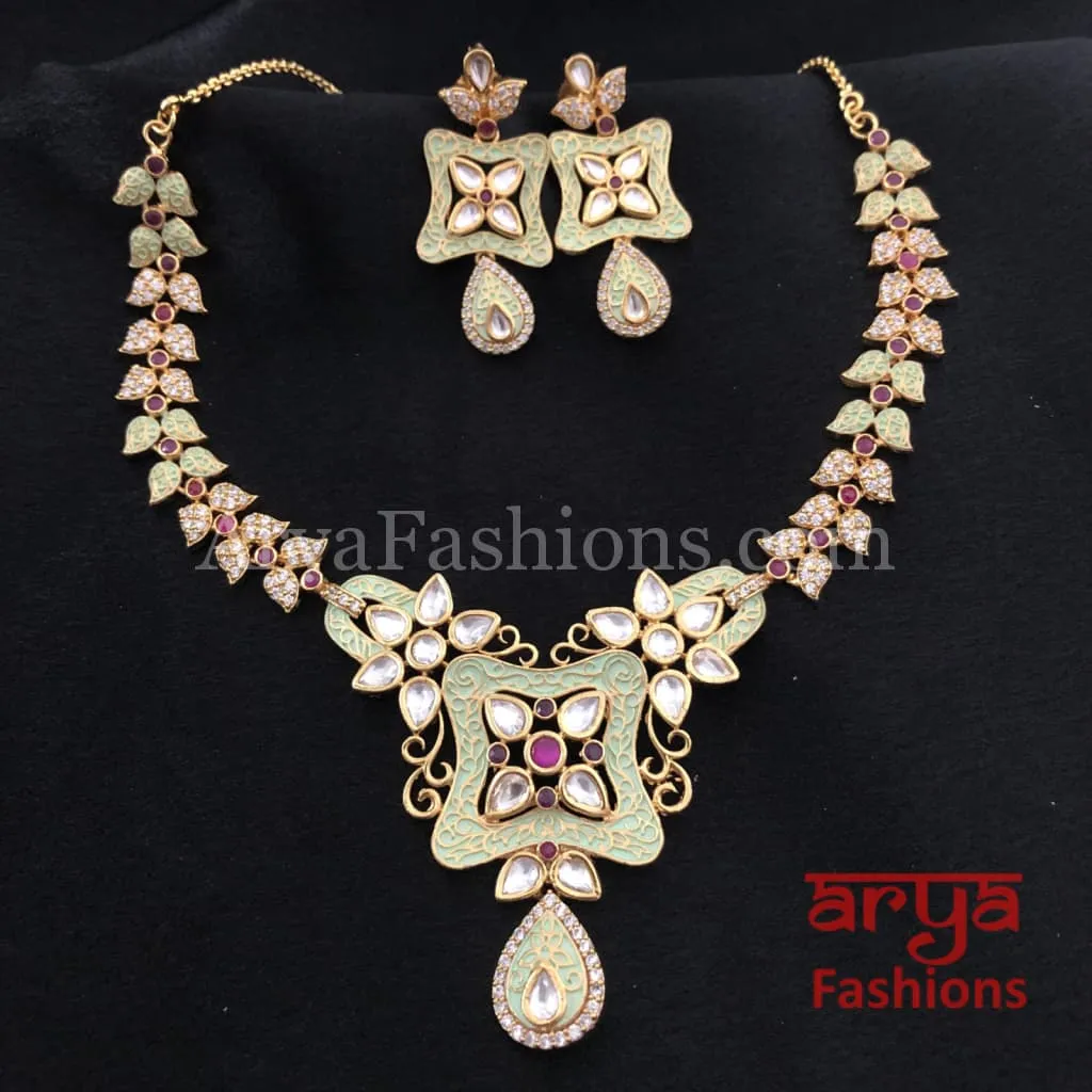 Kundan CZ Necklace with Mint Green Meenakari