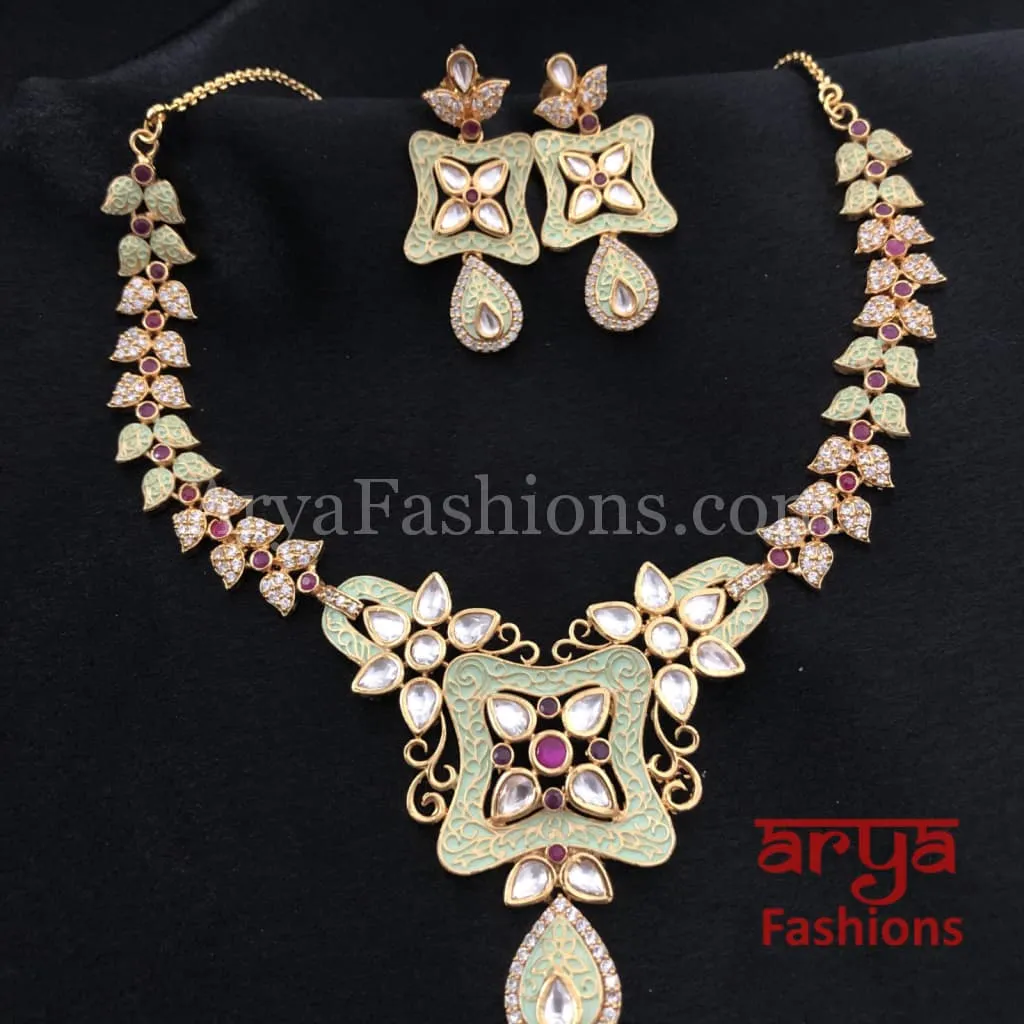 Kundan CZ Necklace with Mint Green Meenakari