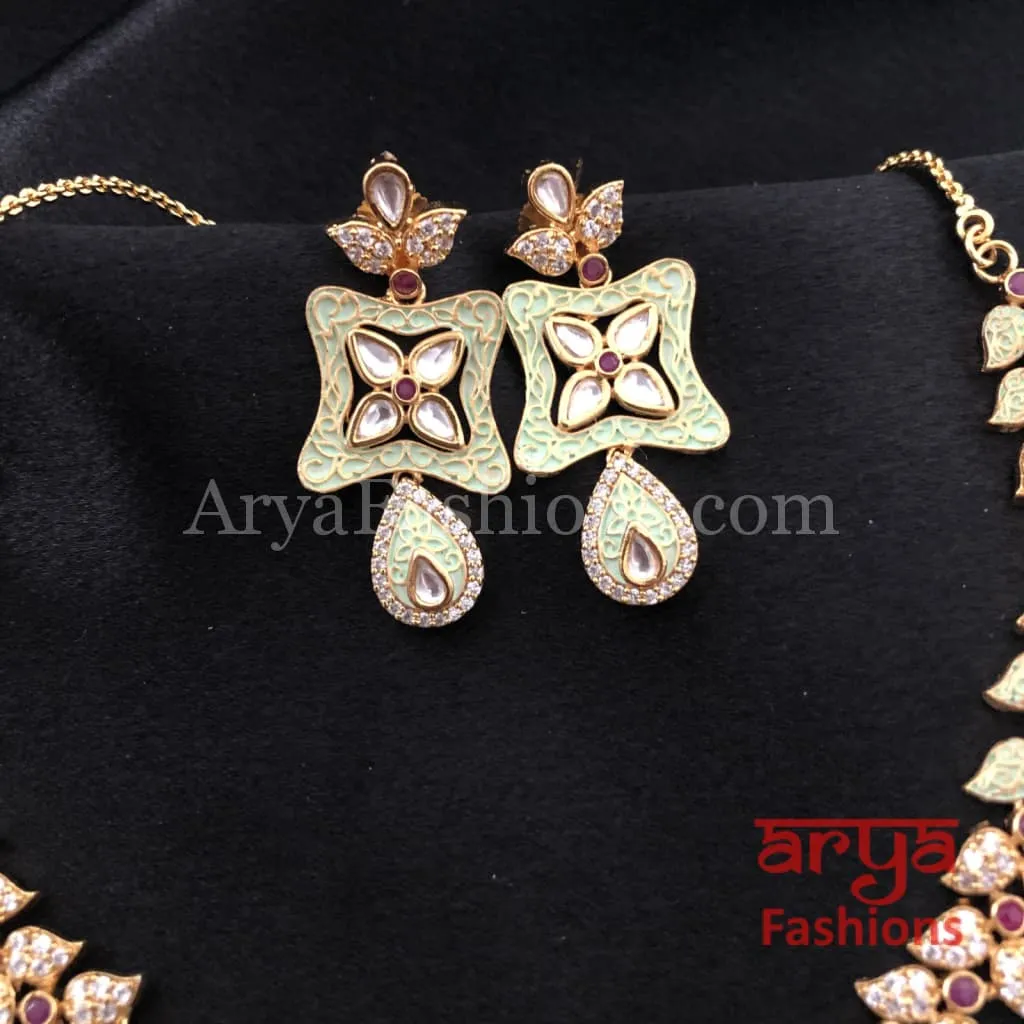 Kundan CZ Necklace with Mint Green Meenakari