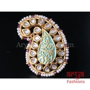 Kundan Mint Green Meenakari Pearl Golden Ring