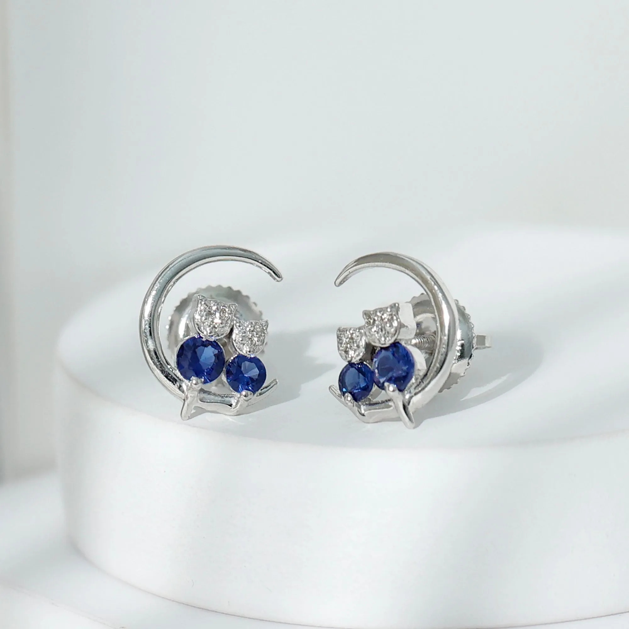 Lab Grown Blue Sapphire and Diamond Cat and Moon Stud Earrings