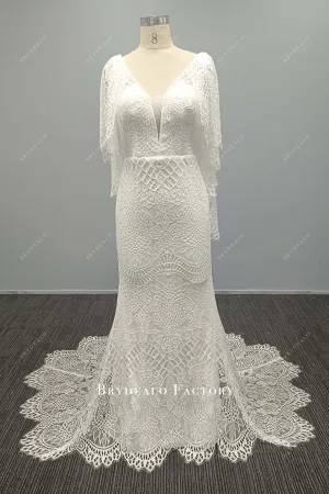 Lace Flutter Sleeves V-Neck Mermaid Wedding Dress