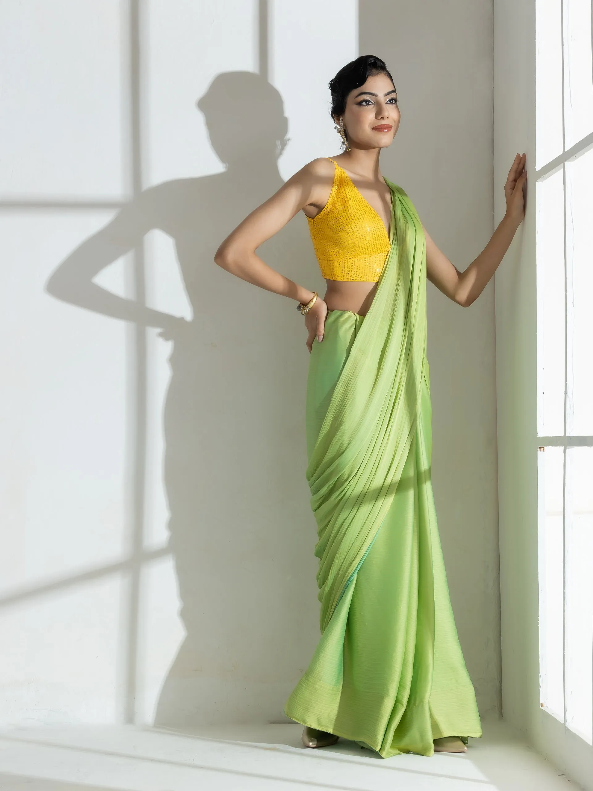 Lime and Blue Dual Shade Texture Chiffon Saree with Beads