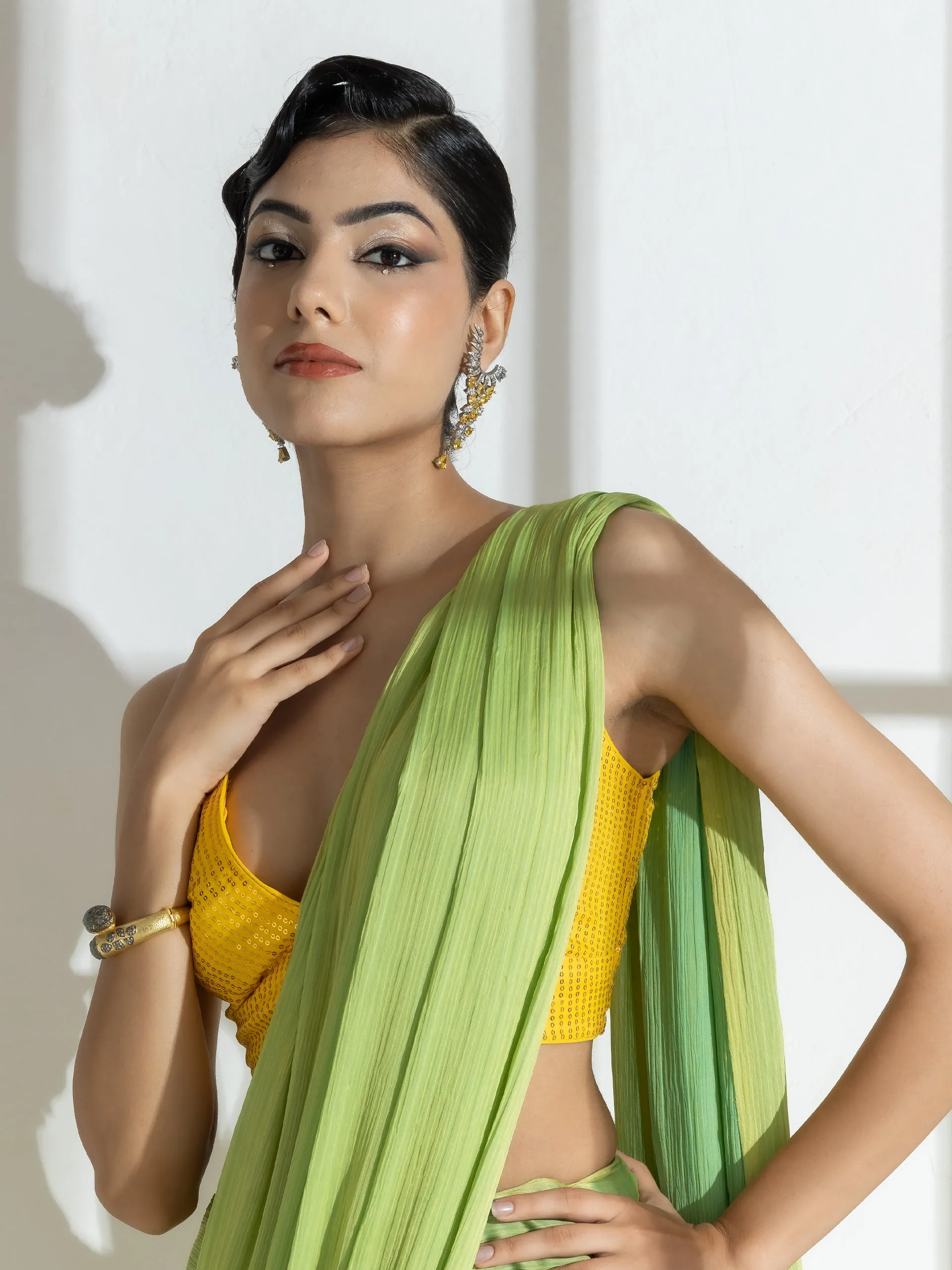 Lime and Blue Dual Shade Texture Chiffon Saree with Beads