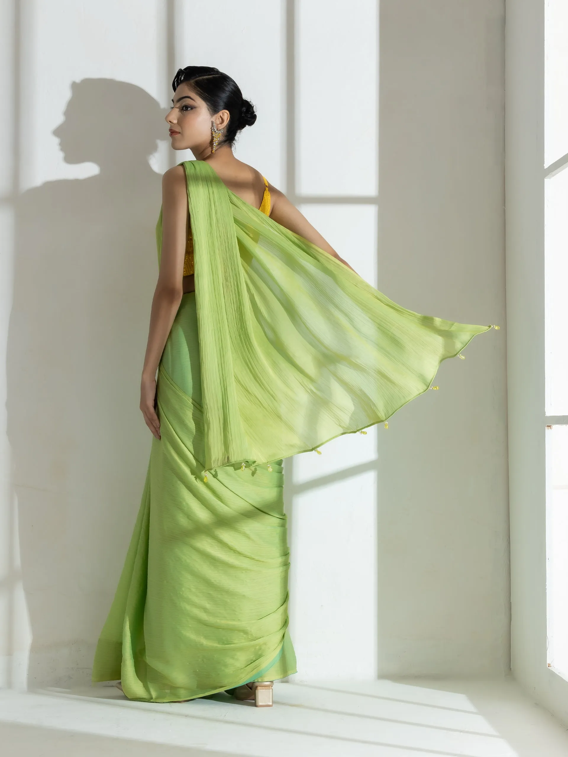 Lime and Blue Dual Shade Texture Chiffon Saree with Beads