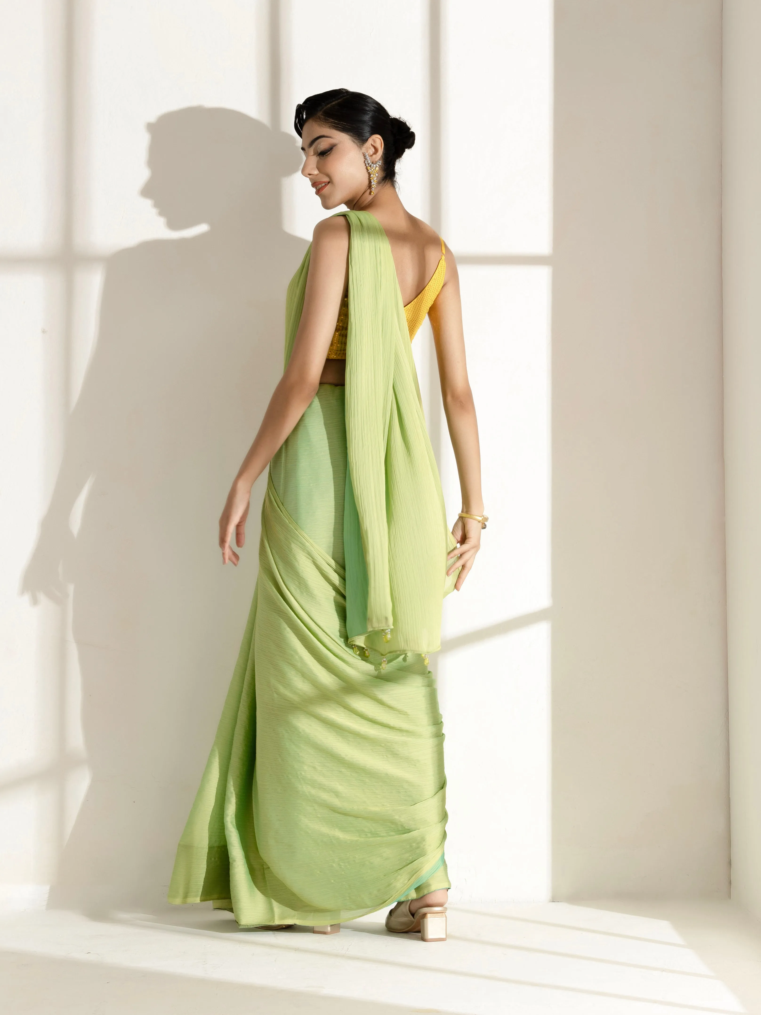 Lime and Blue Dual Shade Texture Chiffon Saree with Beads