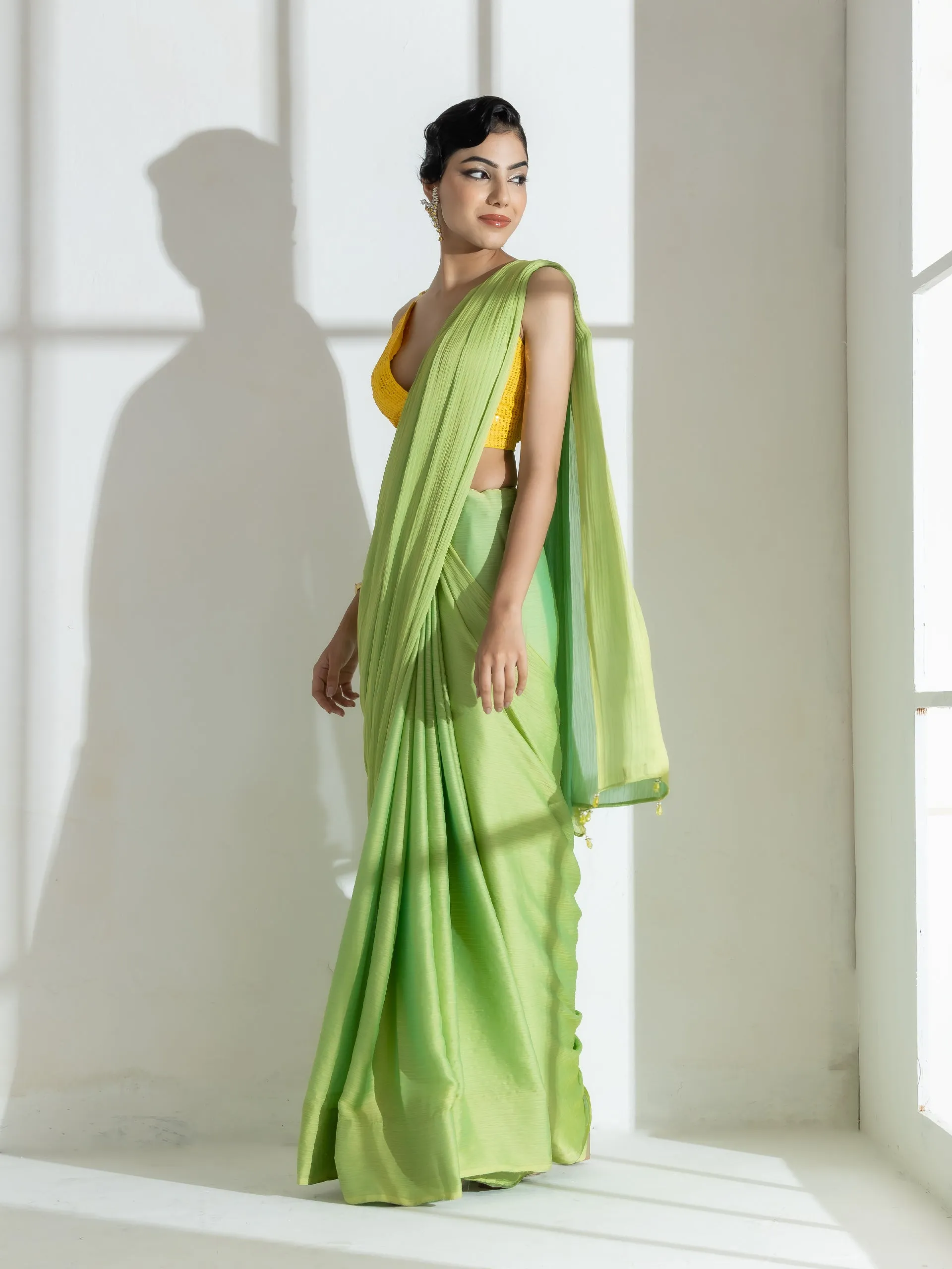 Lime and Blue Dual Shade Texture Chiffon Saree with Beads