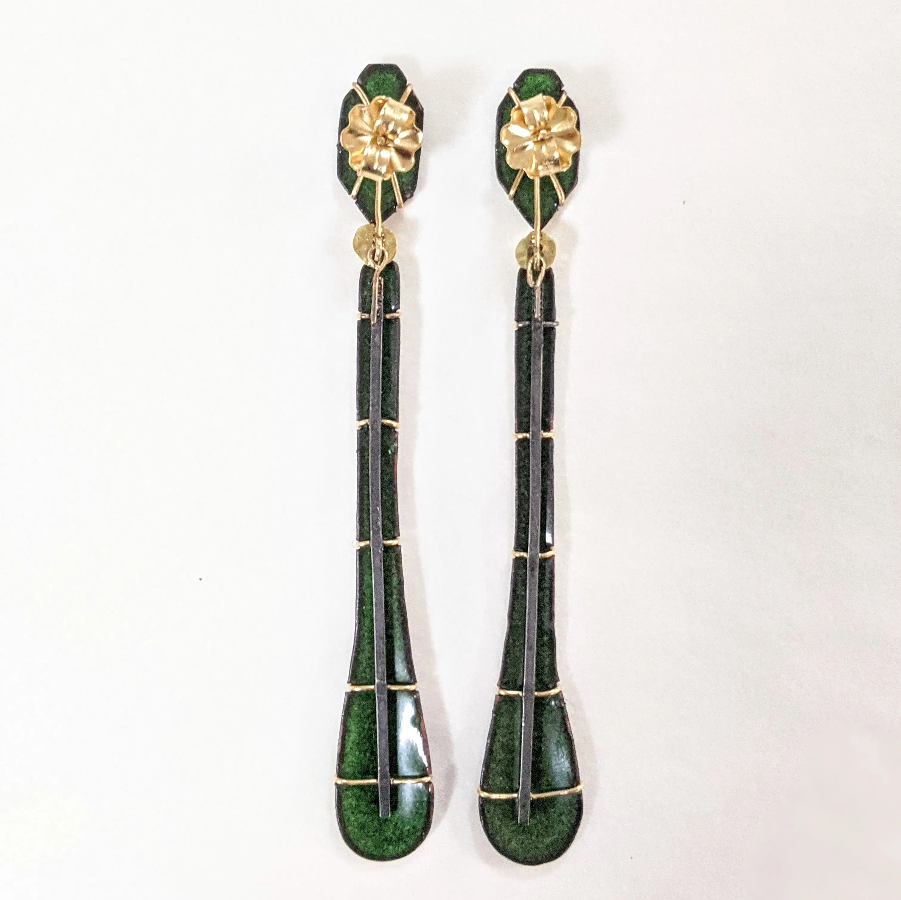 Long Emerald Green, Gold and Diamond Earrings